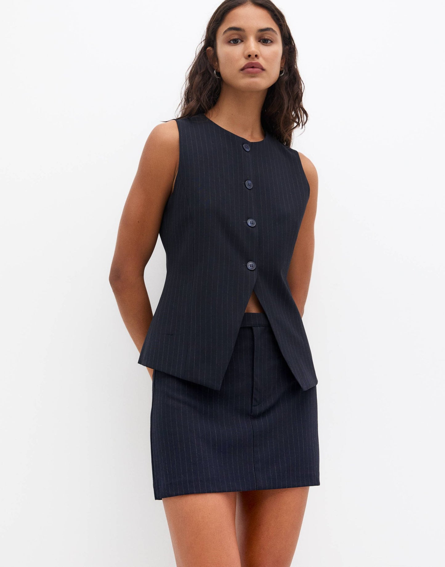 Pull&Bear longline tailored waistcoat co-ord in navy pinstripe - ASOS Sample Sale