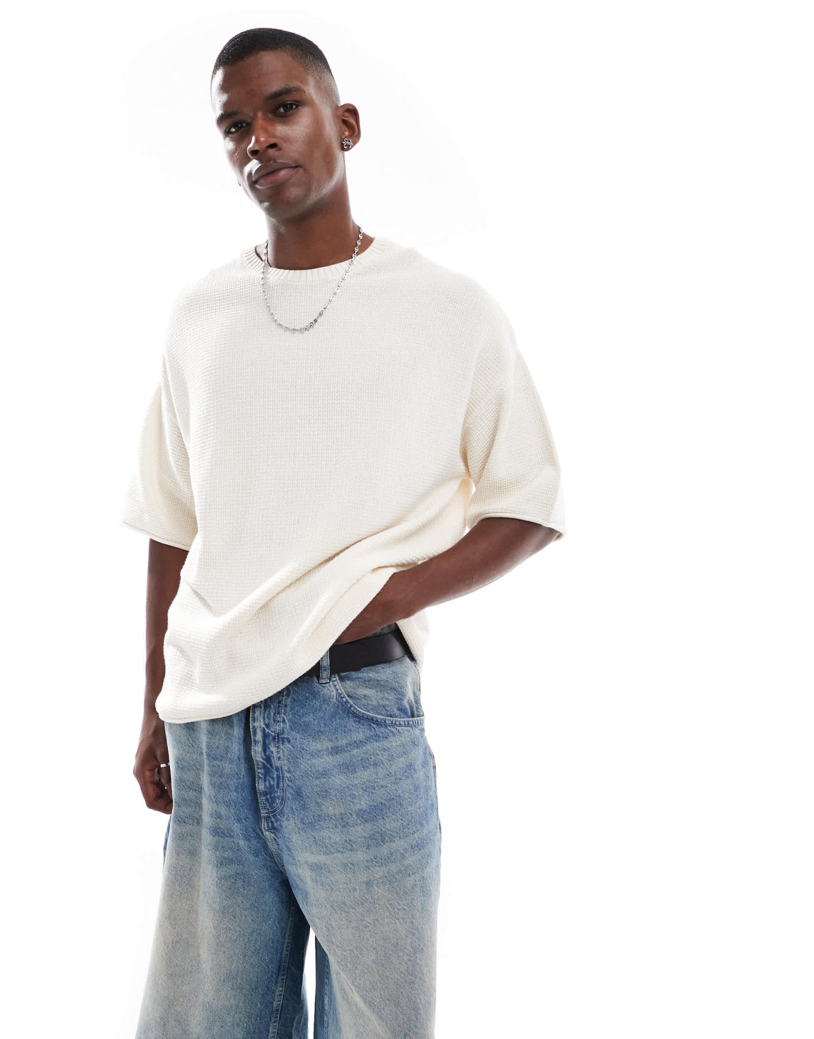 Pull&Bear loose fit knitted t-shirt in off white - ASOS Sample Sale