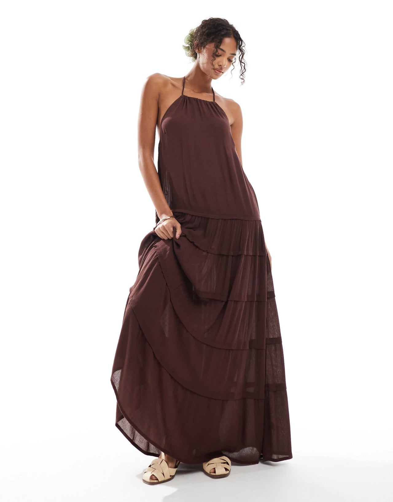 Pull&Bear low back tiered maxi dress in brown - ASOS Sample Sale