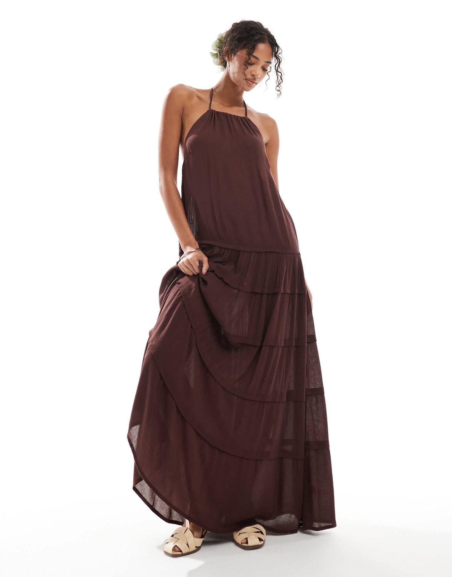 Pull&Bear low back tiered maxi dress in brown - ASOS Sample Sale