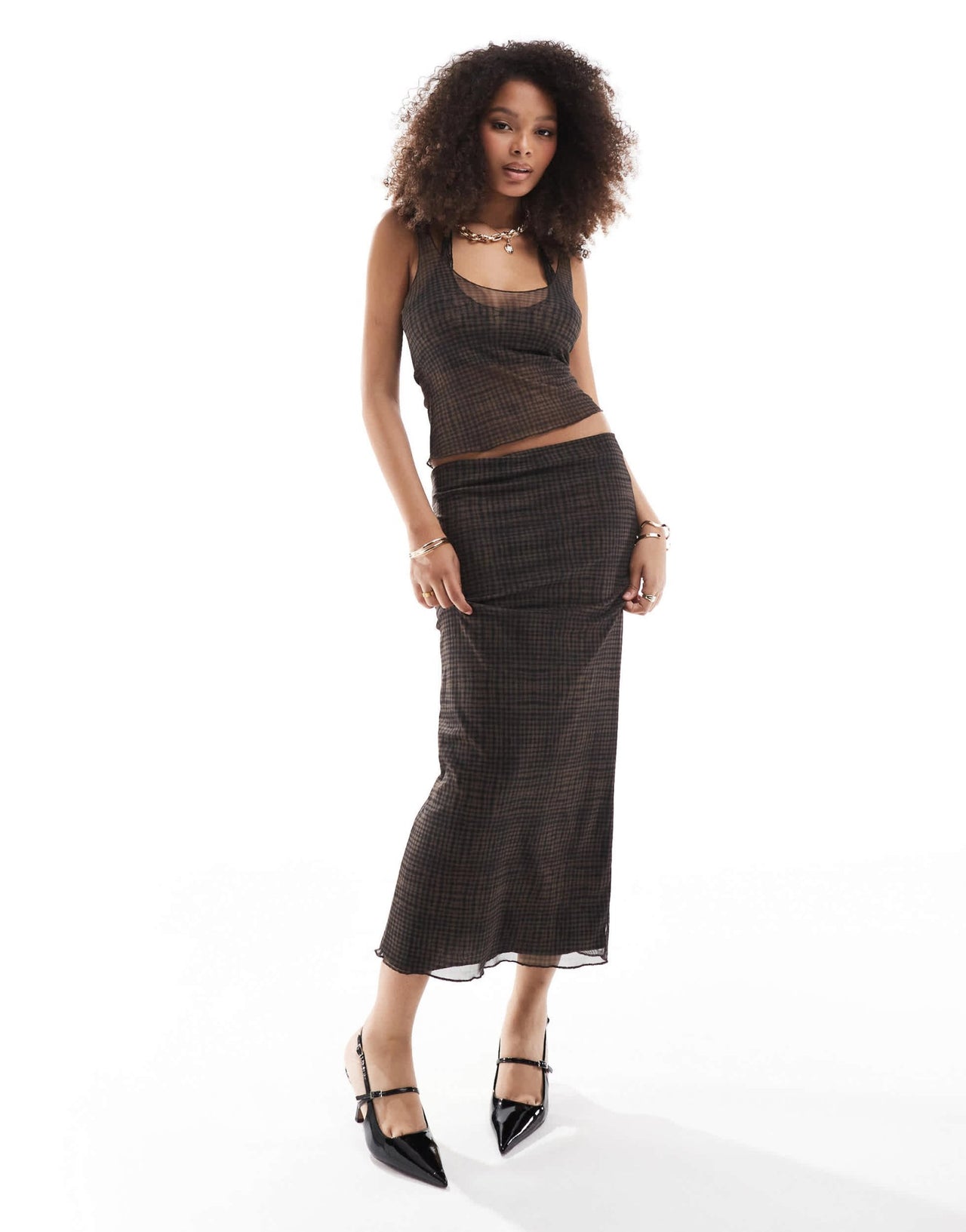 Pull&Bear mesh maxi skirt co-ord in brown check - ASOS Sample Sale