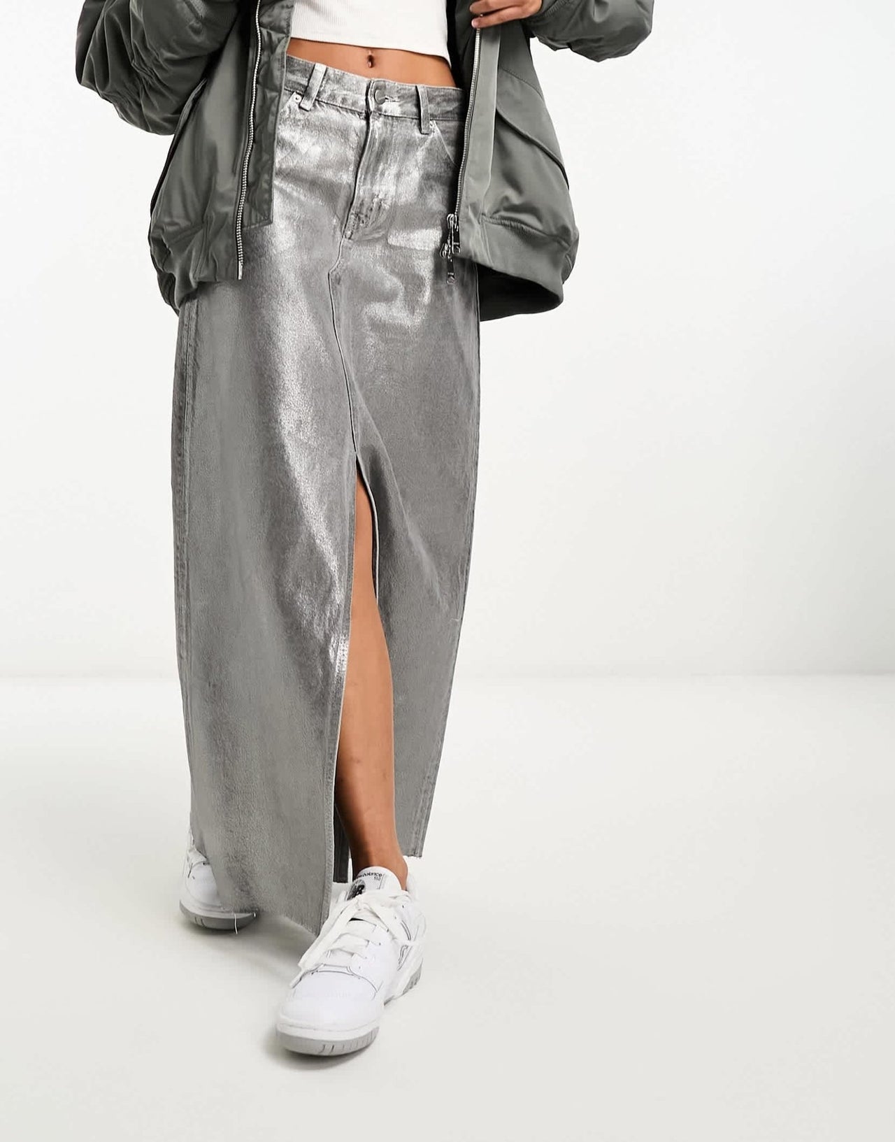 Pull&Bear metallic denim midi skirt with split front co-ord in silver - ASOS Sample Sale