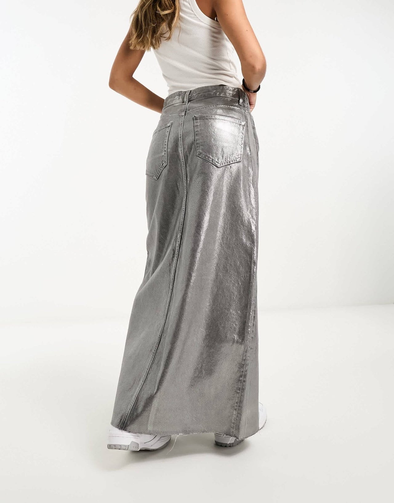 Pull&Bear metallic denim midi skirt with split front co-ord in silver - ASOS Sample Sale
