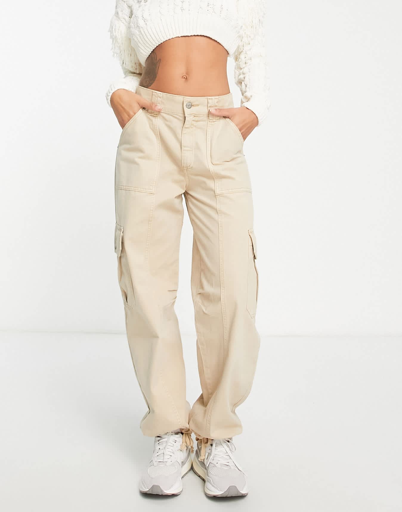 Pull&Bear mid waist tie detail oversized cargo trouser in stone - ASOS Sample Sale