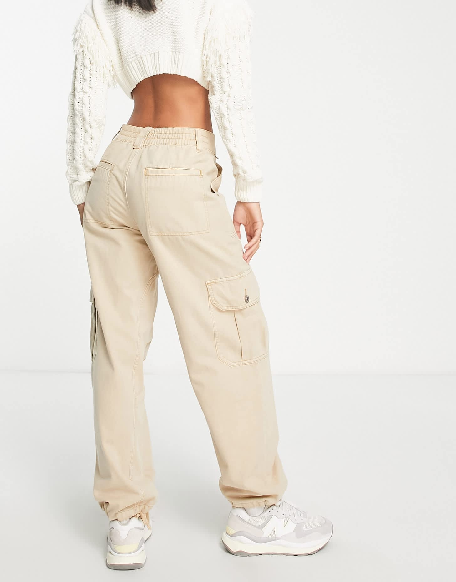 Pull&Bear mid waist tie detail oversized cargo trouser in stone - ASOS Sample Sale