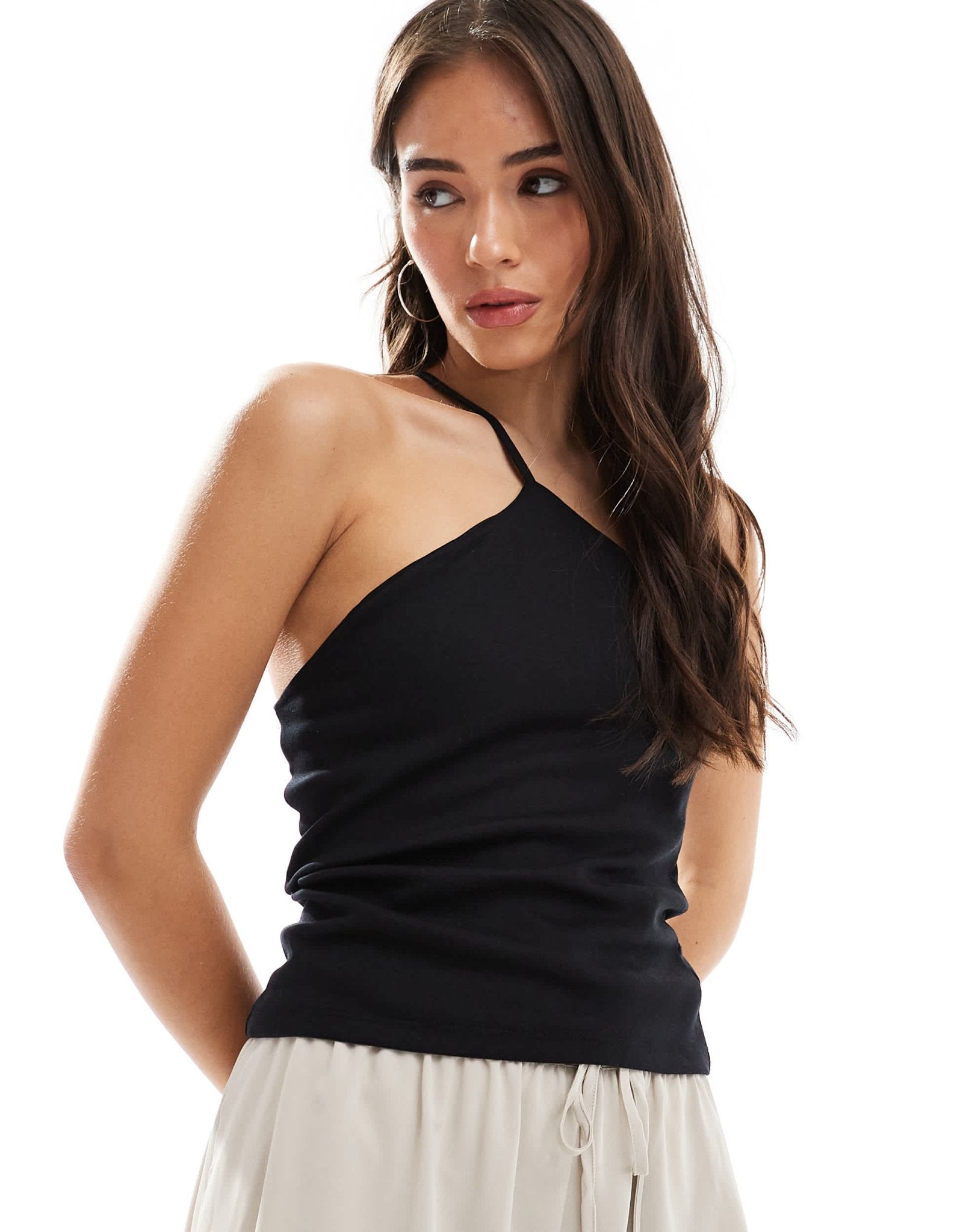 Pull&Bear one shoulder strappy top in black - ASOS Sample Sale