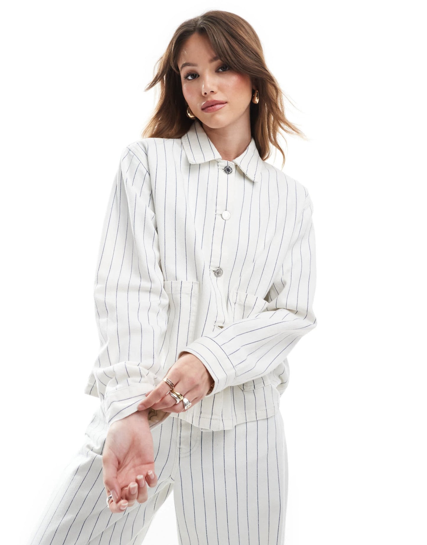 Pull&Bear oversized denim jacket in co-ord white pinstripe - ASOS Sample Sale