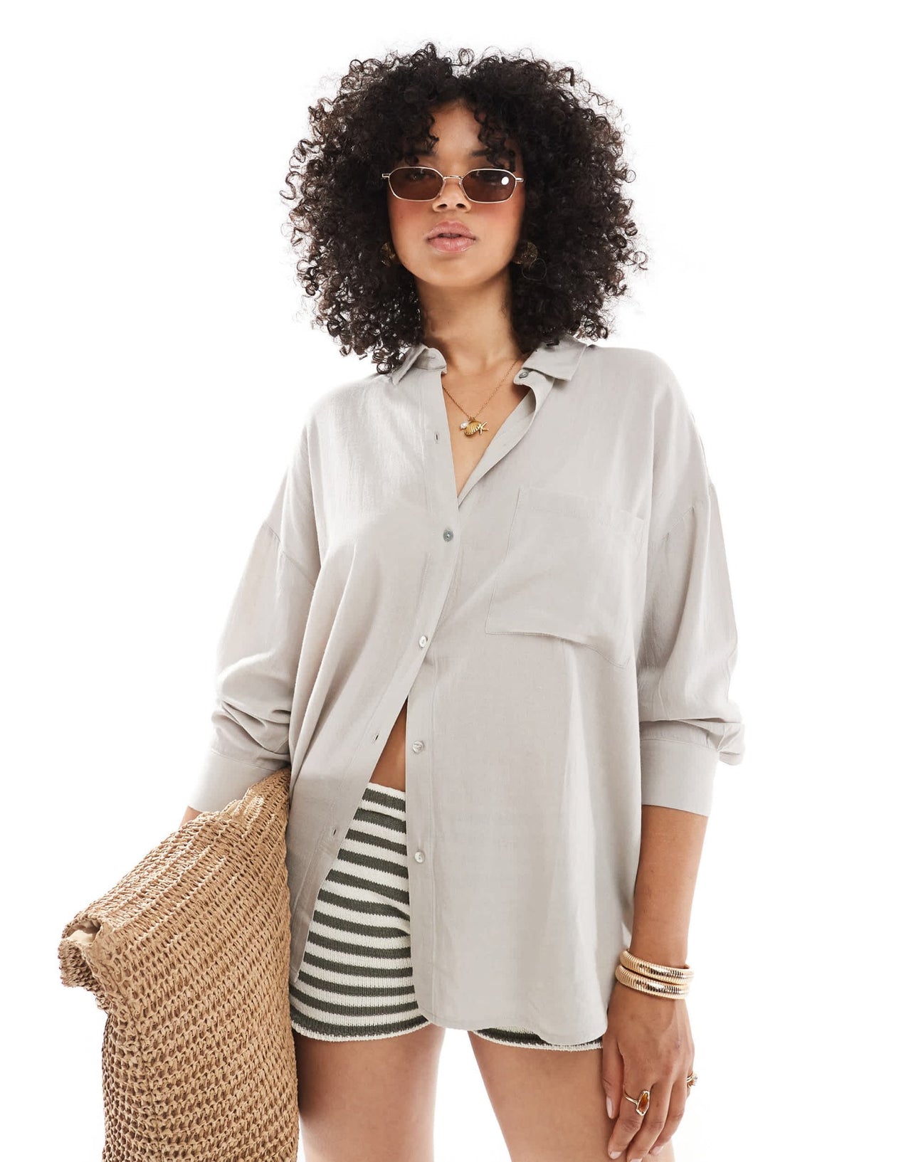 Pull&Bear oversized linen look shirt in beige - ASOS Sample Sale
