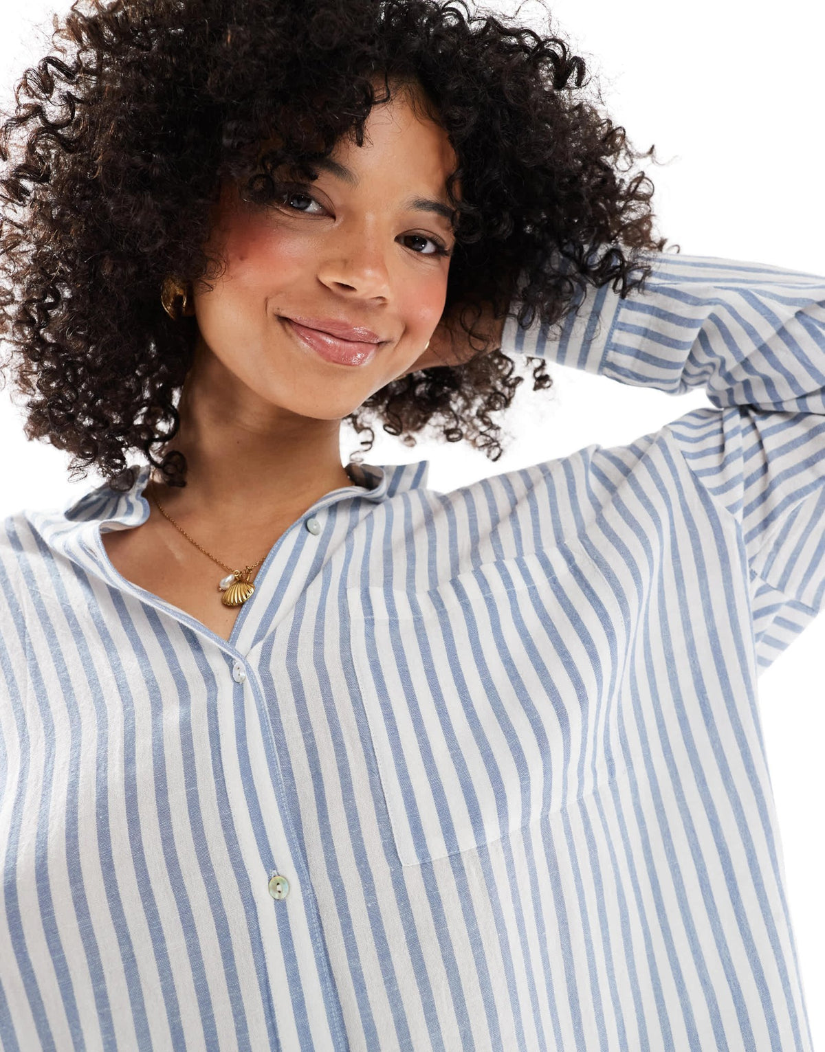 Pull&Bear oversized linen look shirt in blue stripe - ASOS Sample Sale