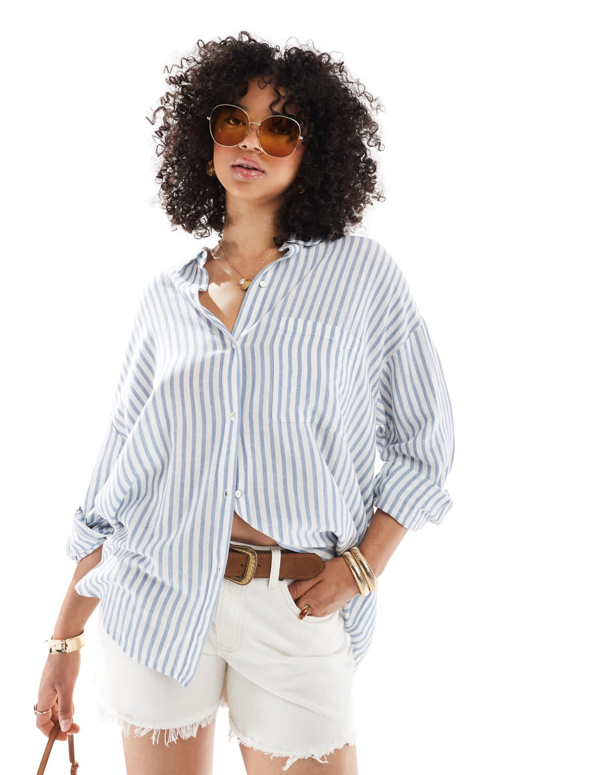 Pull&Bear oversized linen look shirt in blue stripe - ASOS Sample Sale