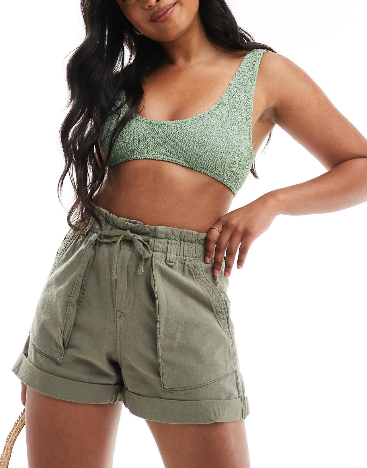 Pull&Bear paperbag waist cotton short in khaki - ASOS Sample Sale