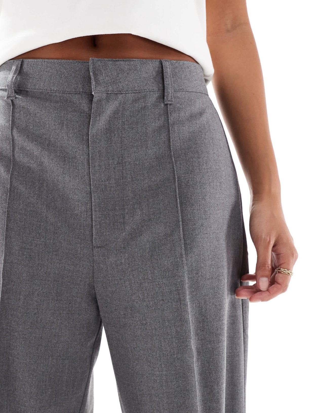 Pull&Bear Petite straight leg tailored trousers with front seam in grey - ASOS Sample Sale