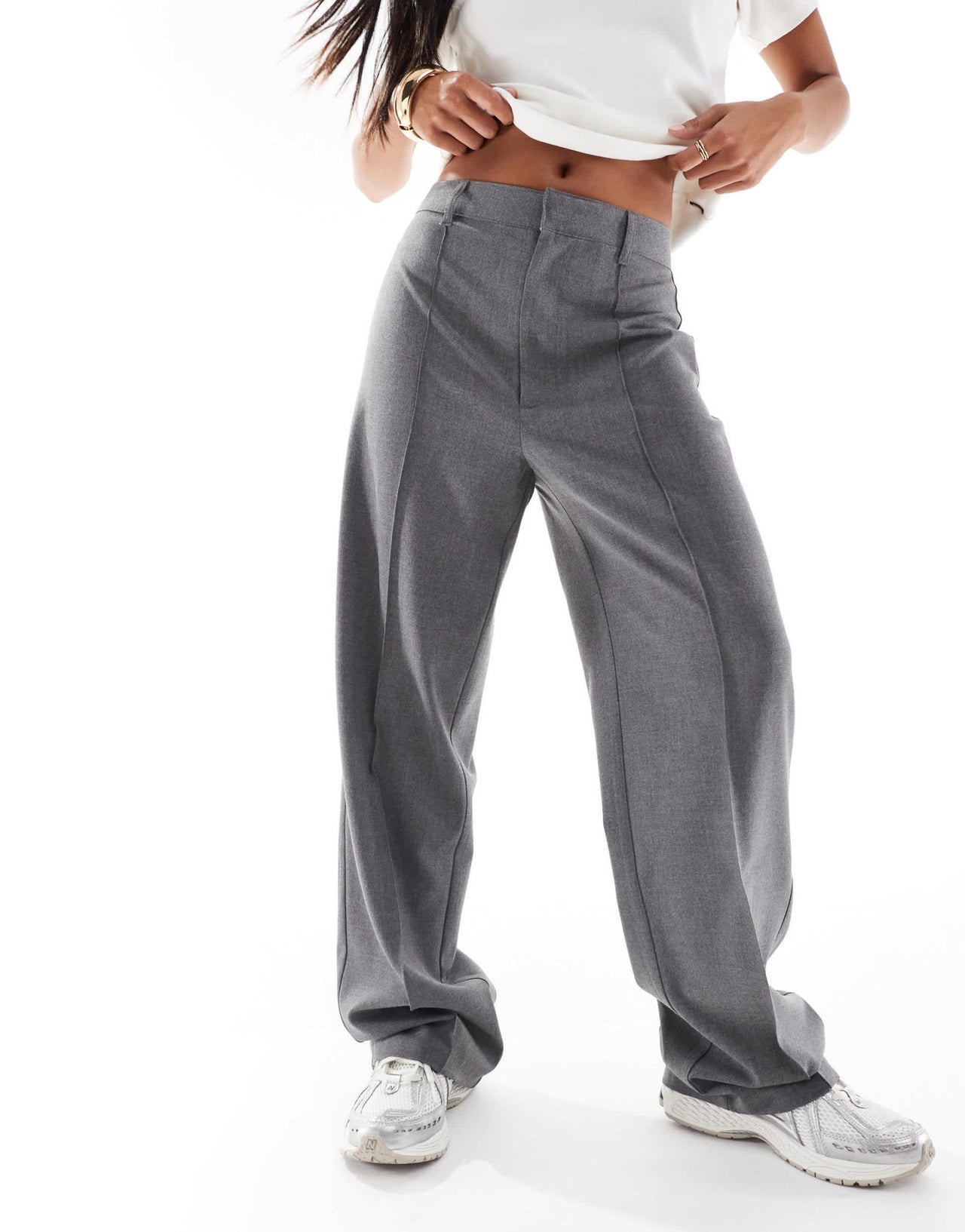 Pull&Bear Petite straight leg tailored trousers with front seam in grey - ASOS Sample Sale