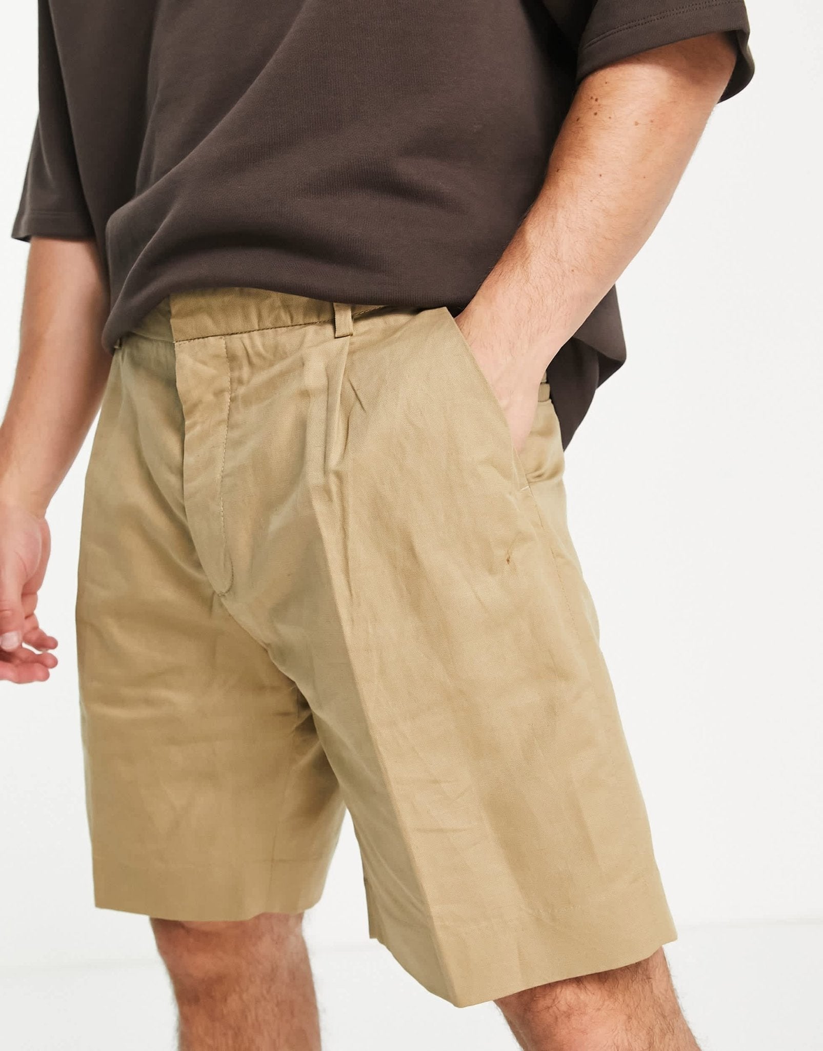 Pull&Bear pleated linen chino shorts in camel - ASOS Sample Sale