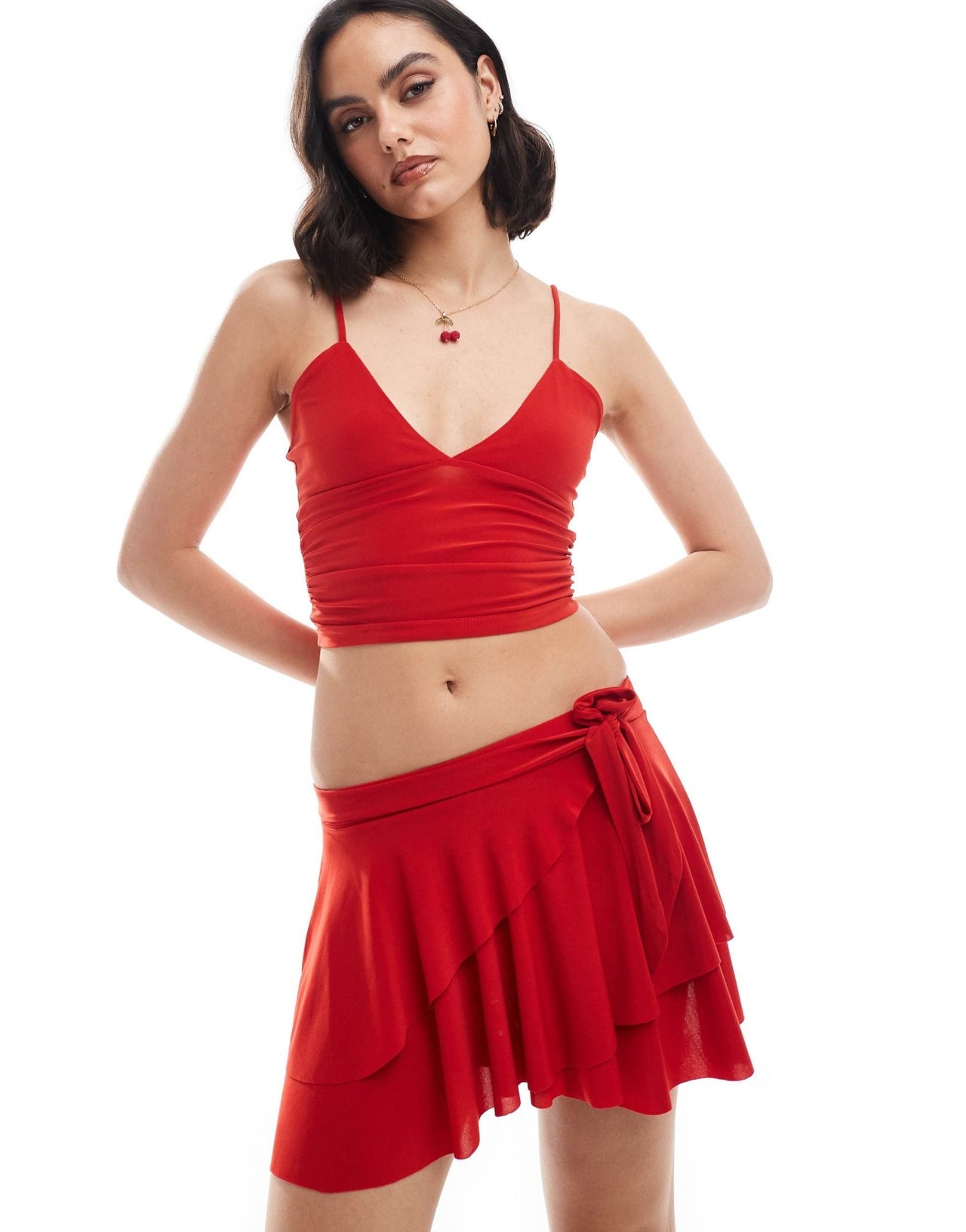 Pull&Bear polyamide frill wrap mini skirt co-ord in red - ASOS Sample Sale