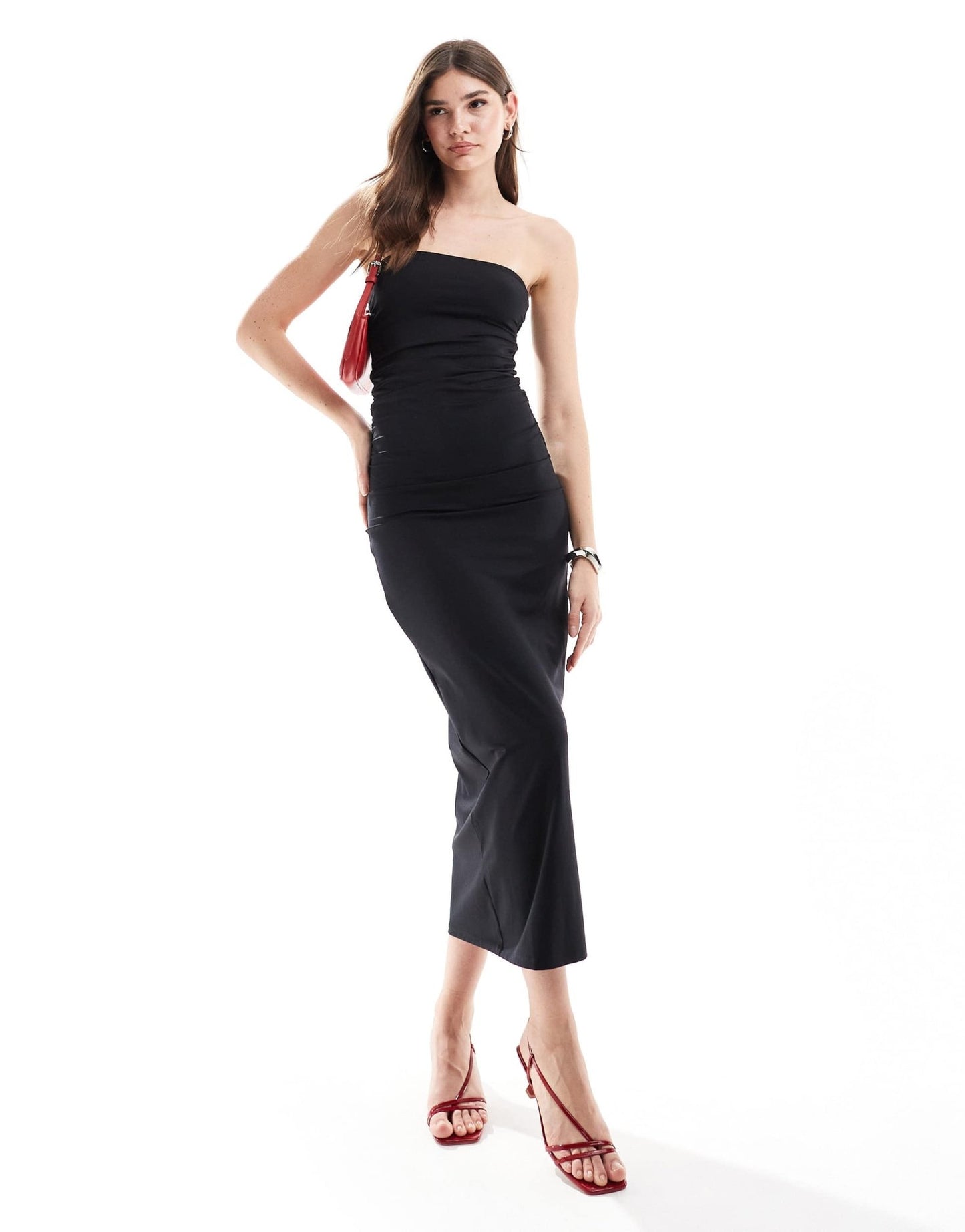 Pull&Bear polyamide sculpt bandeau midi dress in black - ASOS Sample Sale