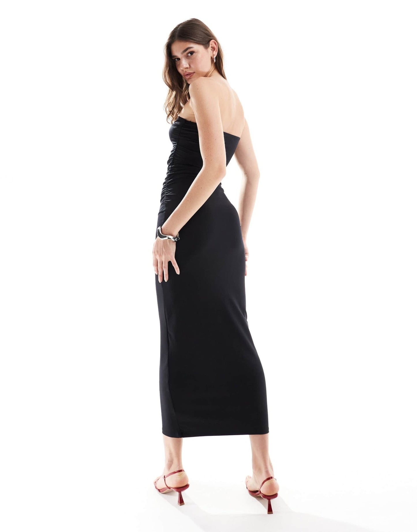 Pull&Bear polyamide sculpt bandeau midi dress in black - ASOS Sample Sale