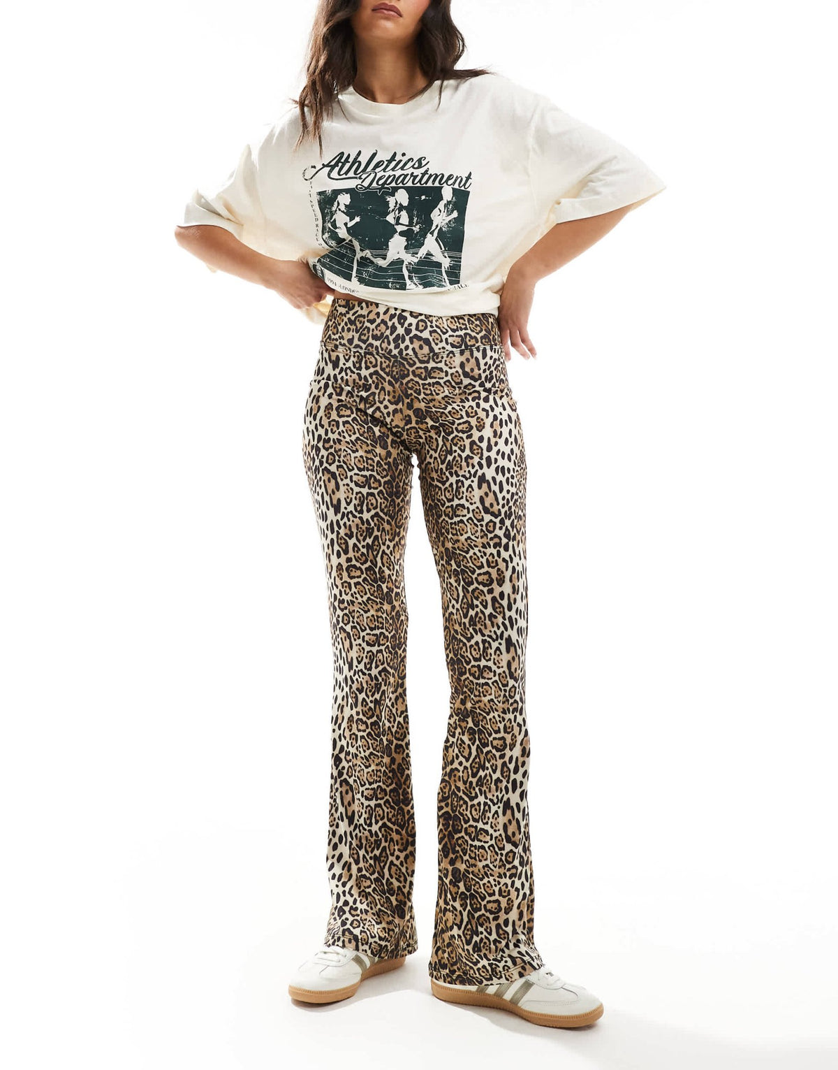 Pull&Bear polyamide sculpt flare trouser in leopard print - ASOS Sample Sale