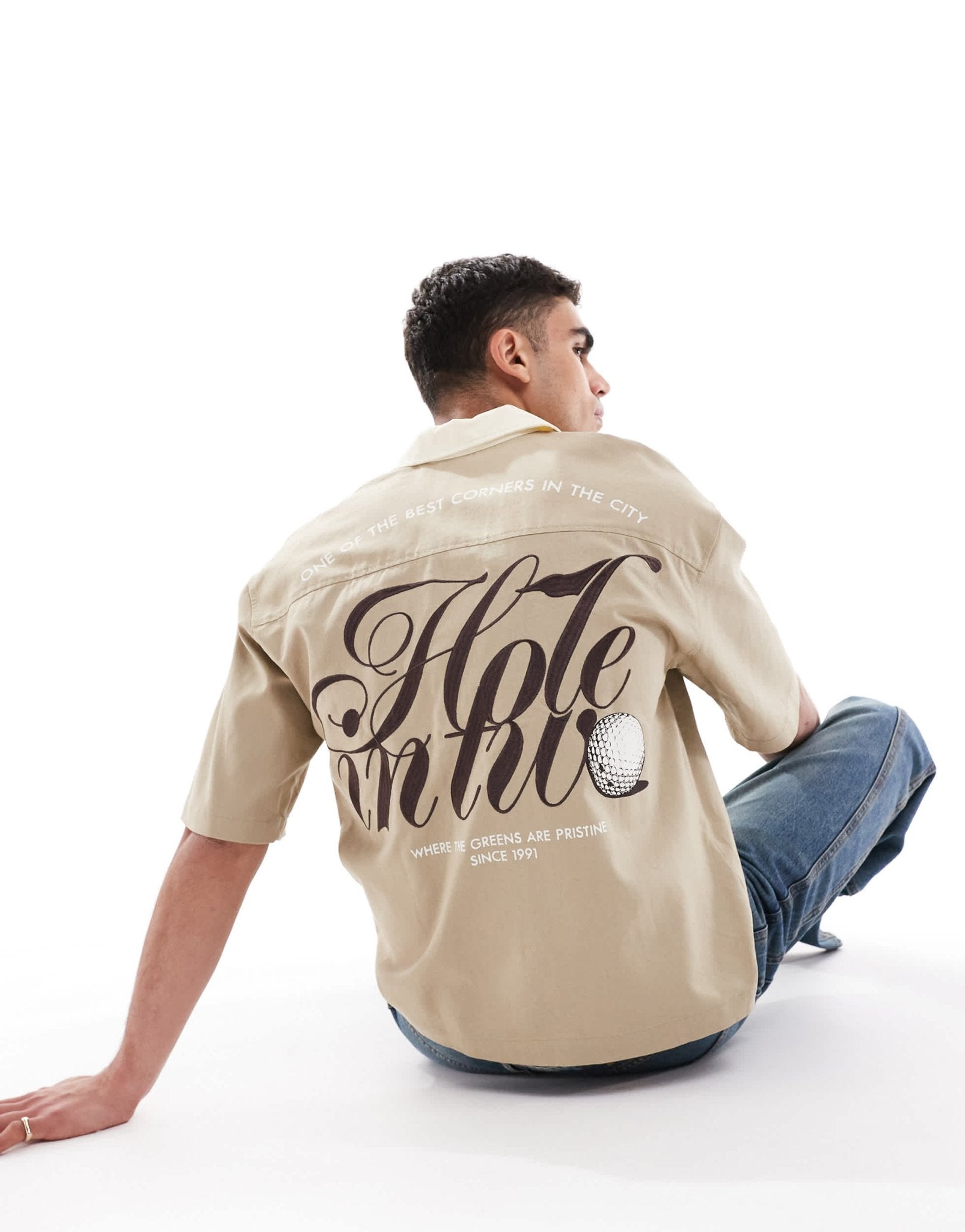 Pull&Bear printed bowling shirt in khaki - ASOS Sample Sale