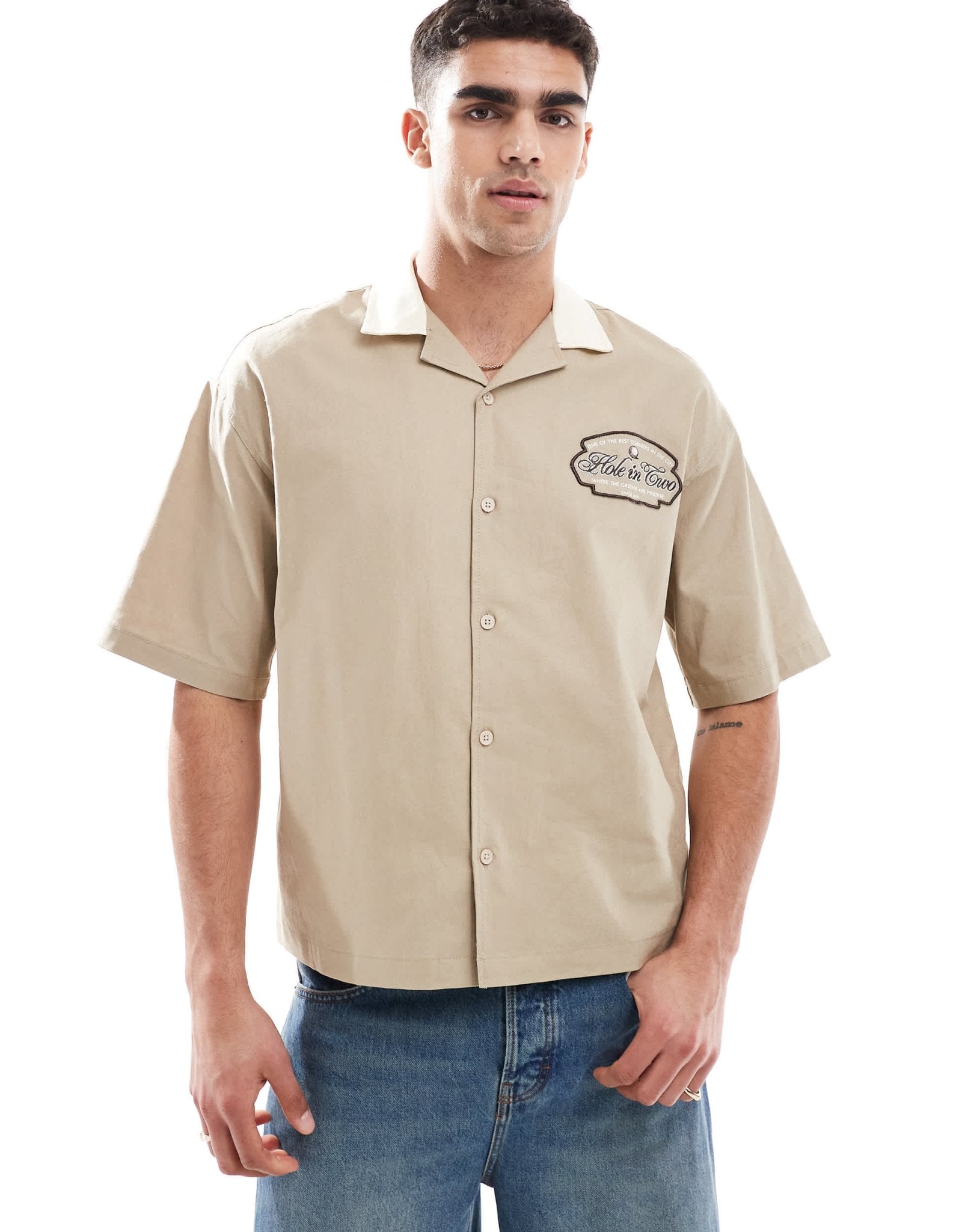 Pull&Bear printed bowling shirt in khaki - ASOS Sample Sale