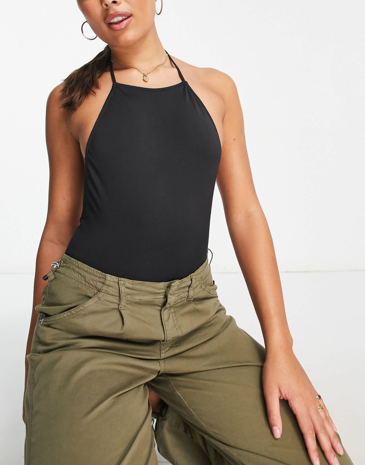 Pull&Bear racer neck backless bodysuit in black - ASOS Sample Sale