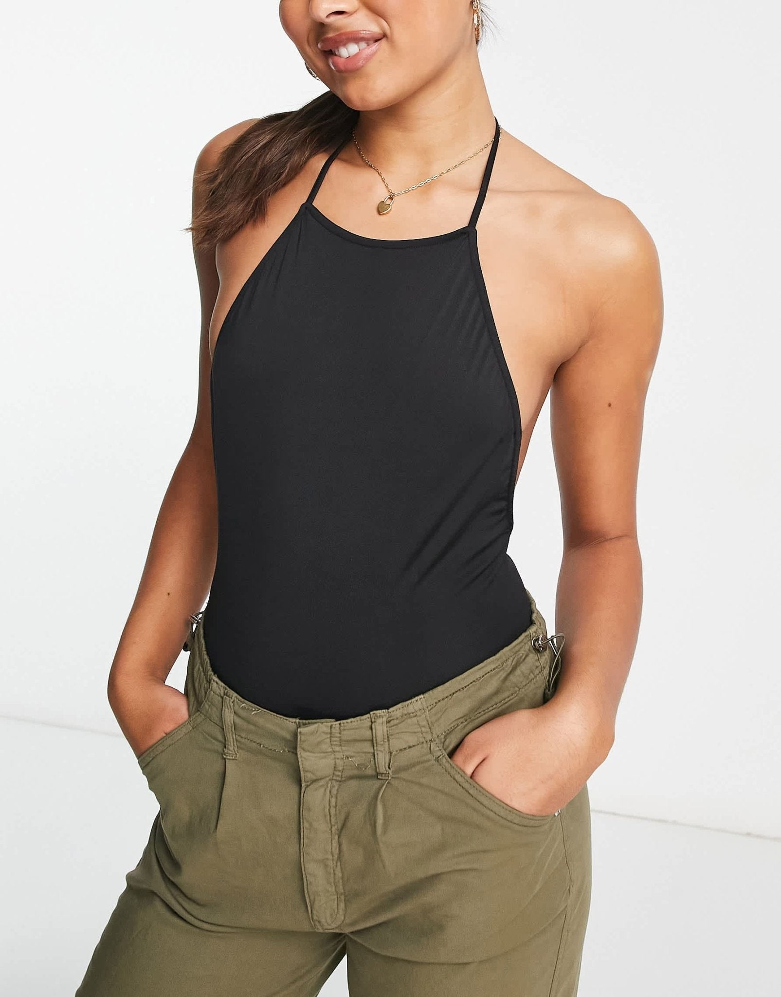 Pull&Bear racer neck backless bodysuit in black - ASOS Sample Sale