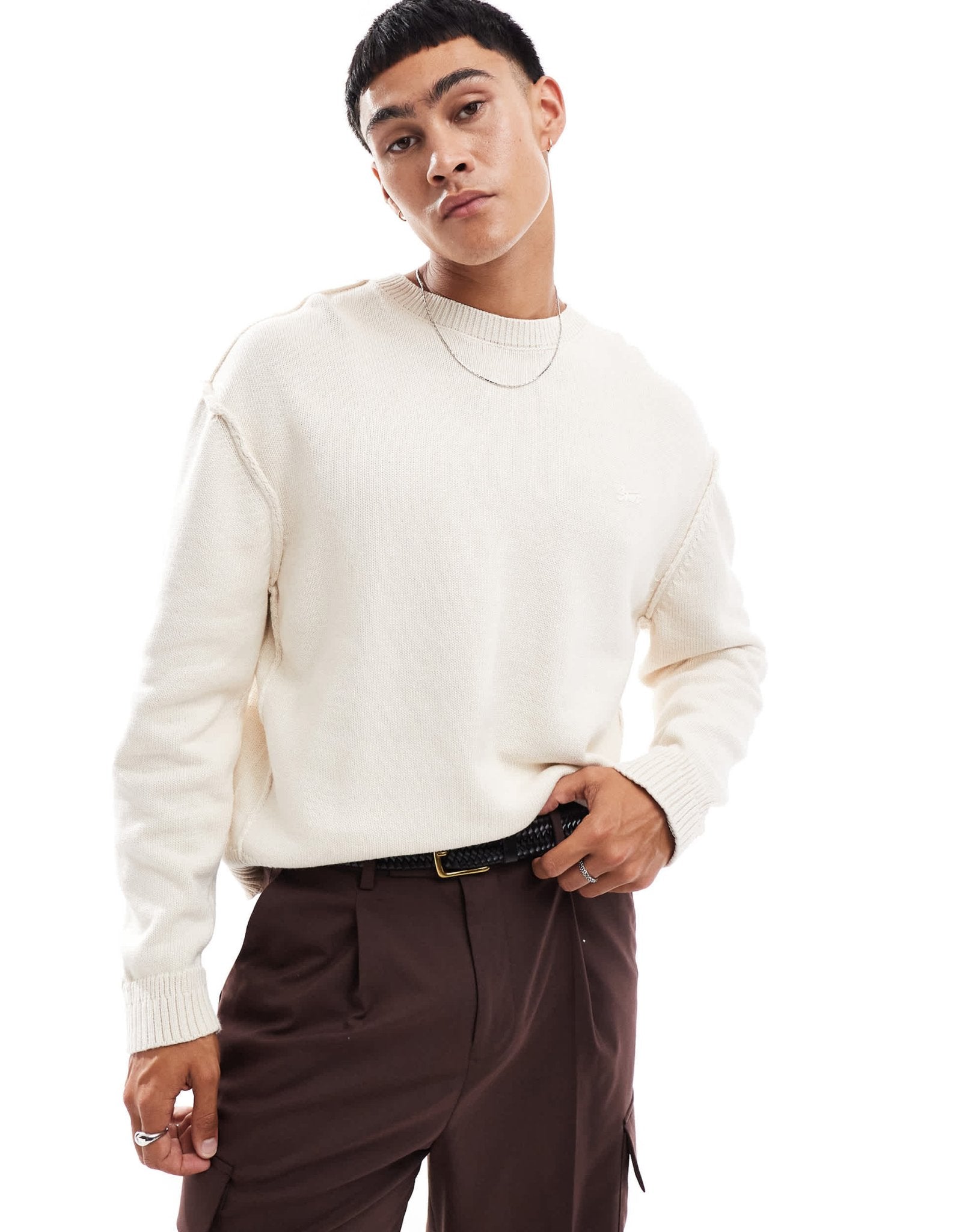 Pull&Bear raw seam knitted jumper in ecru - ASOS Sample Sale