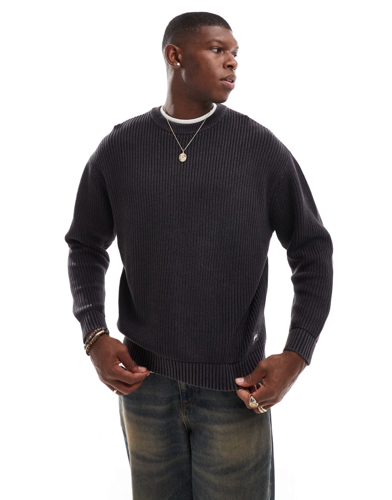 Pull&Bear ribbed acid washed jumper in charcoal grey - ASOS Sample Sale