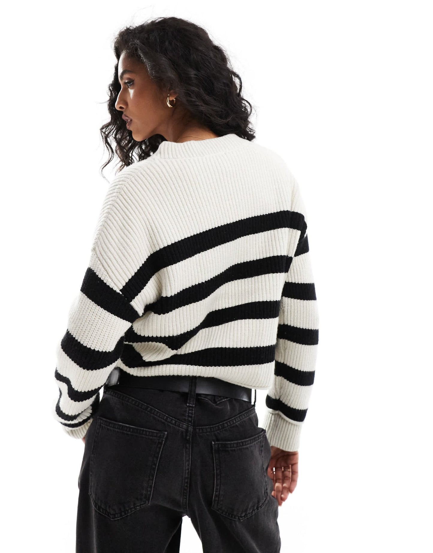 Pull&Bear ribbed knitted jumper in black and sand stripe - ASOS Sample Sale