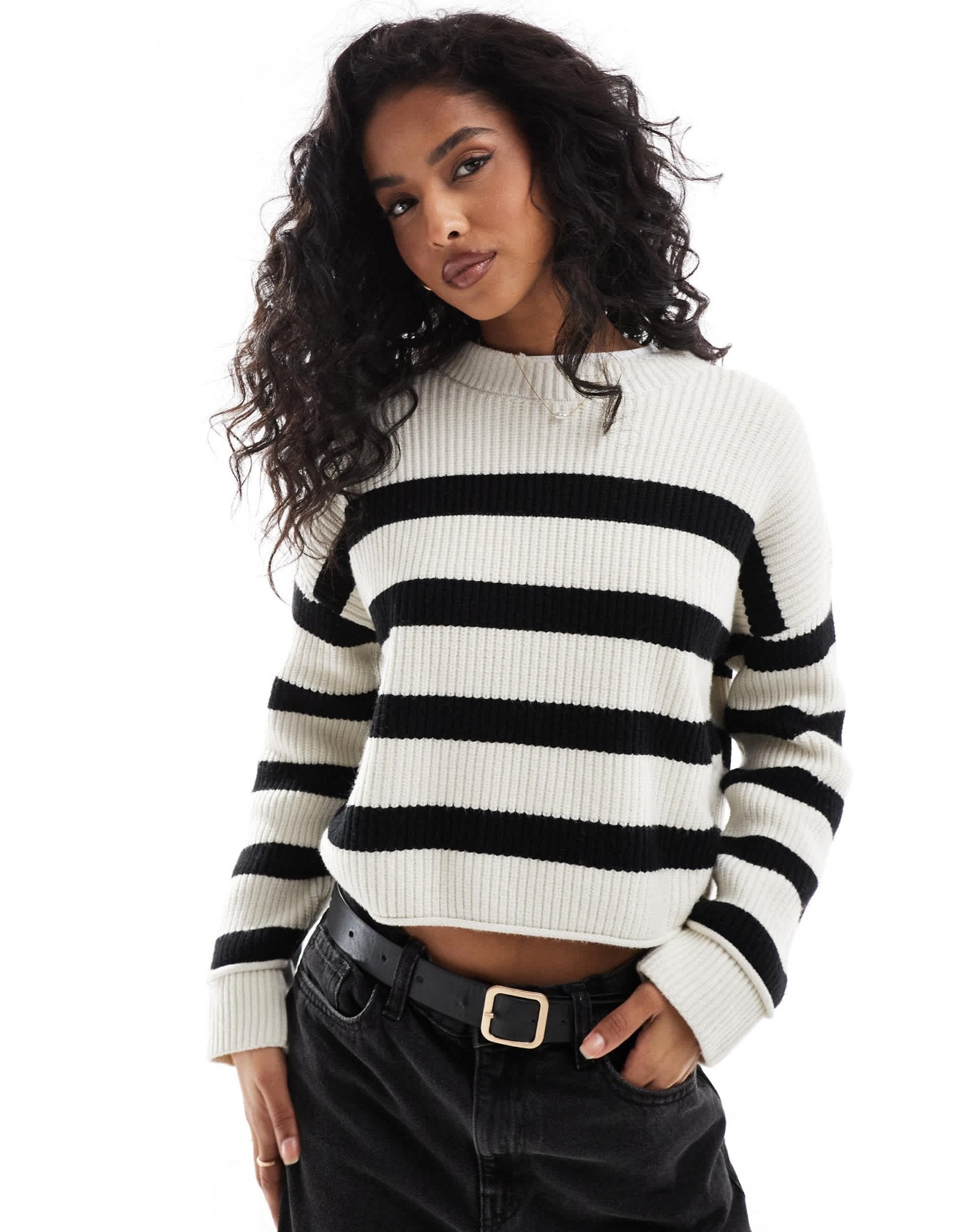 Pull&Bear ribbed knitted jumper in black and sand stripe - ASOS Sample Sale