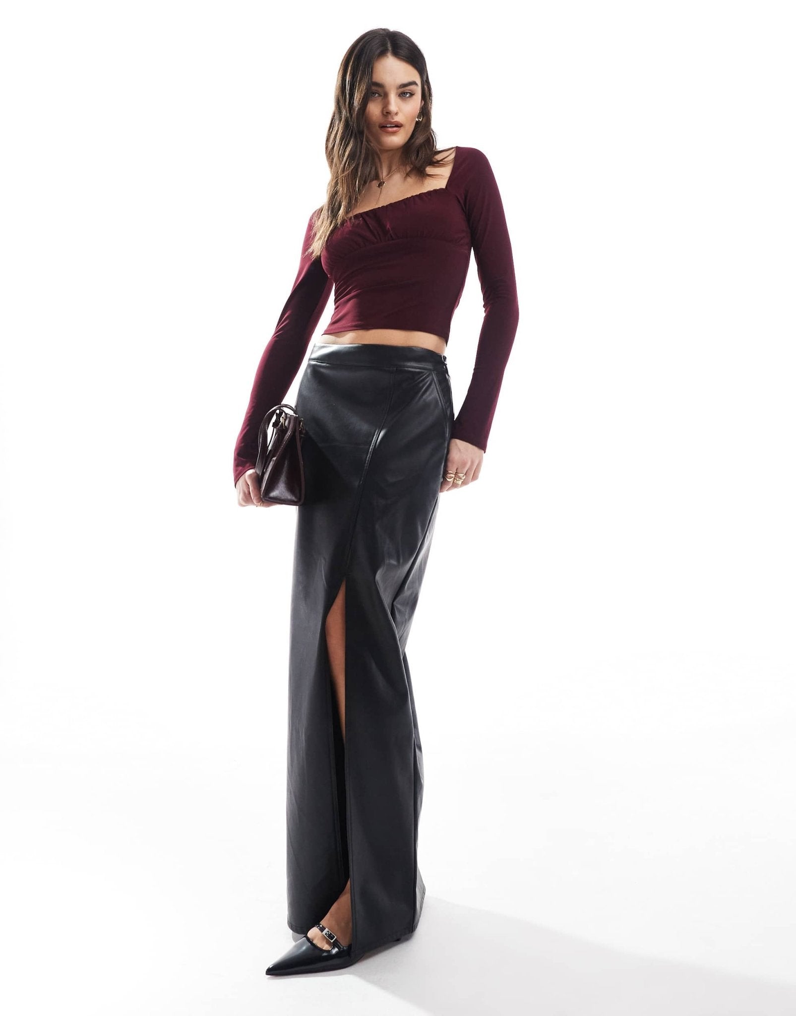 Pull&Bear ruched long sleeve mesh top in burgundy - ASOS Sample Sale