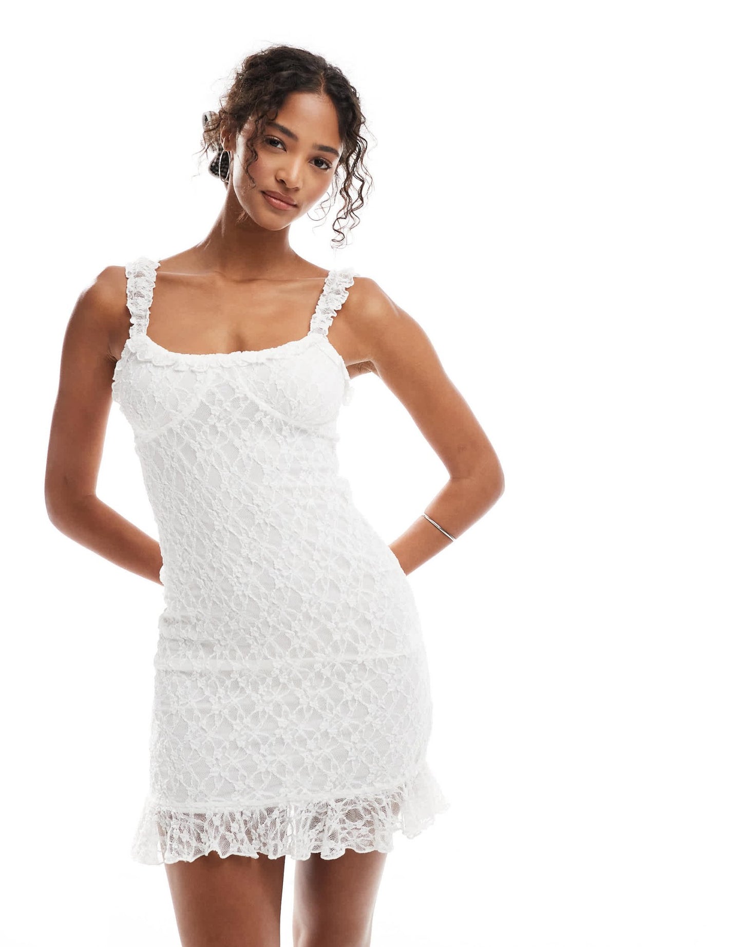 Pull&Bear ruffle trim lace mini dress in white - ASOS Sample Sale
