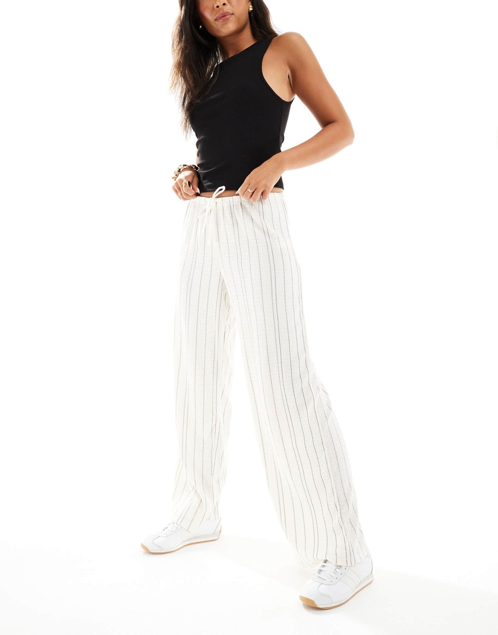 Pull&Bear rustic wide leg trouser in ecru & navy stripe - ASOS Sample Sale