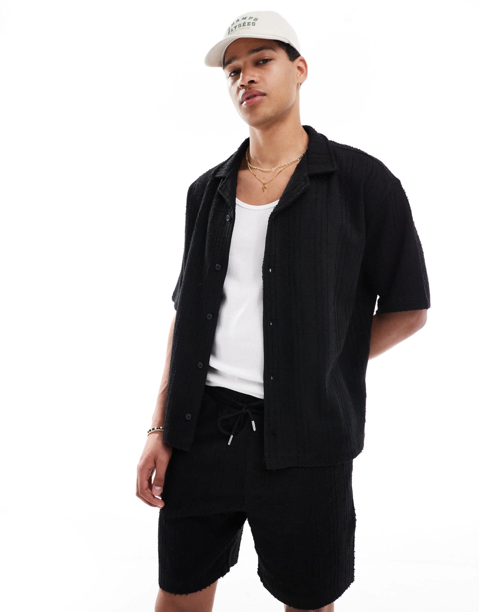Pull&Bear self stripe textured shirt co - ord in black - ASOS Sample Sale