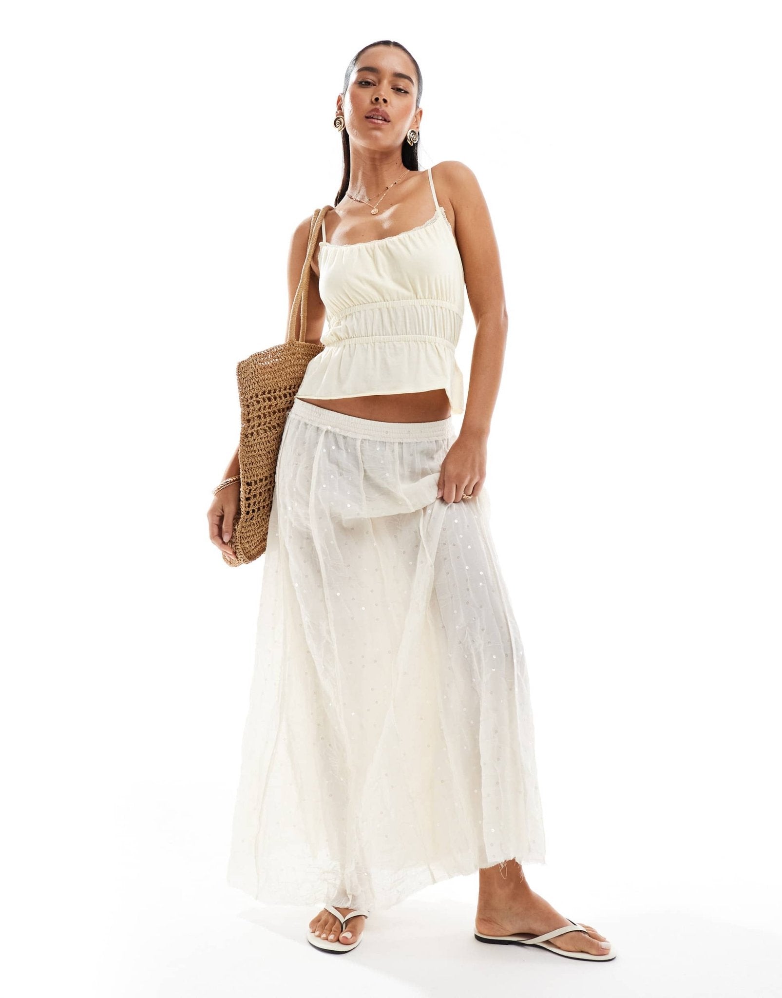 Pull&Bear sequin detail tiered maxi skirt in white - ASOS Sample Sale