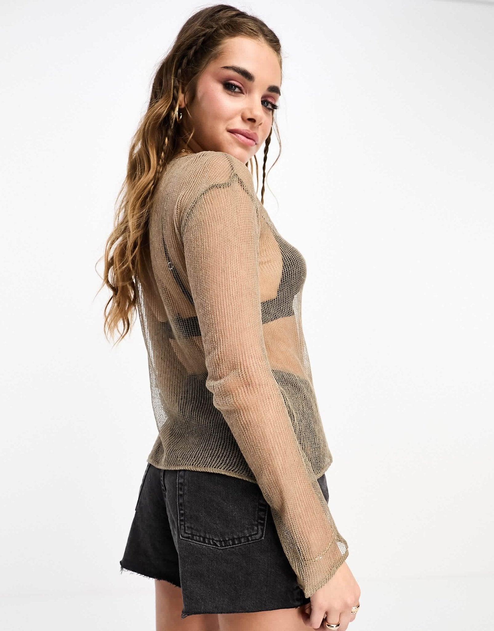 Pull&Bear sheer open knit top in dark beige - ASOS Sample Sale