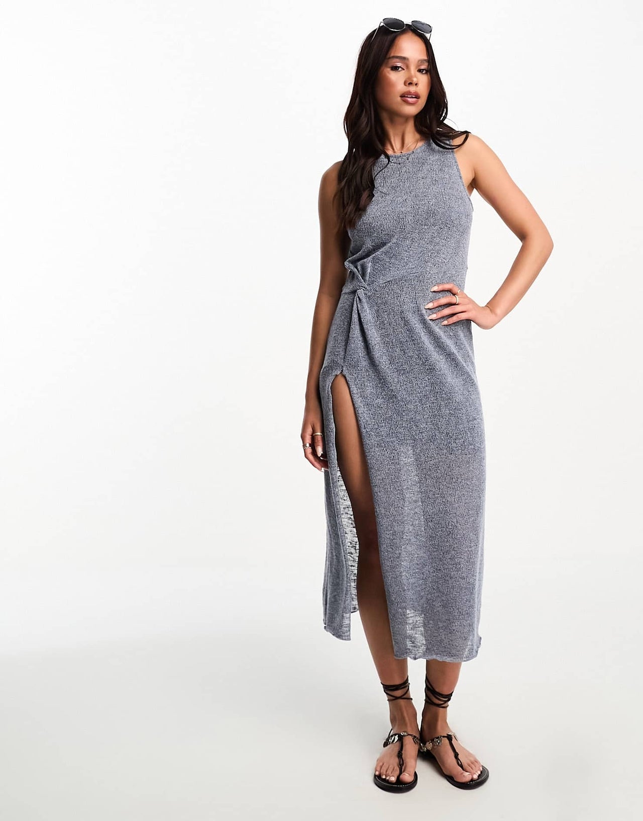 Pull&Bear sleeveless maxi dress with split detail in blue marl - ASOS Sample Sale