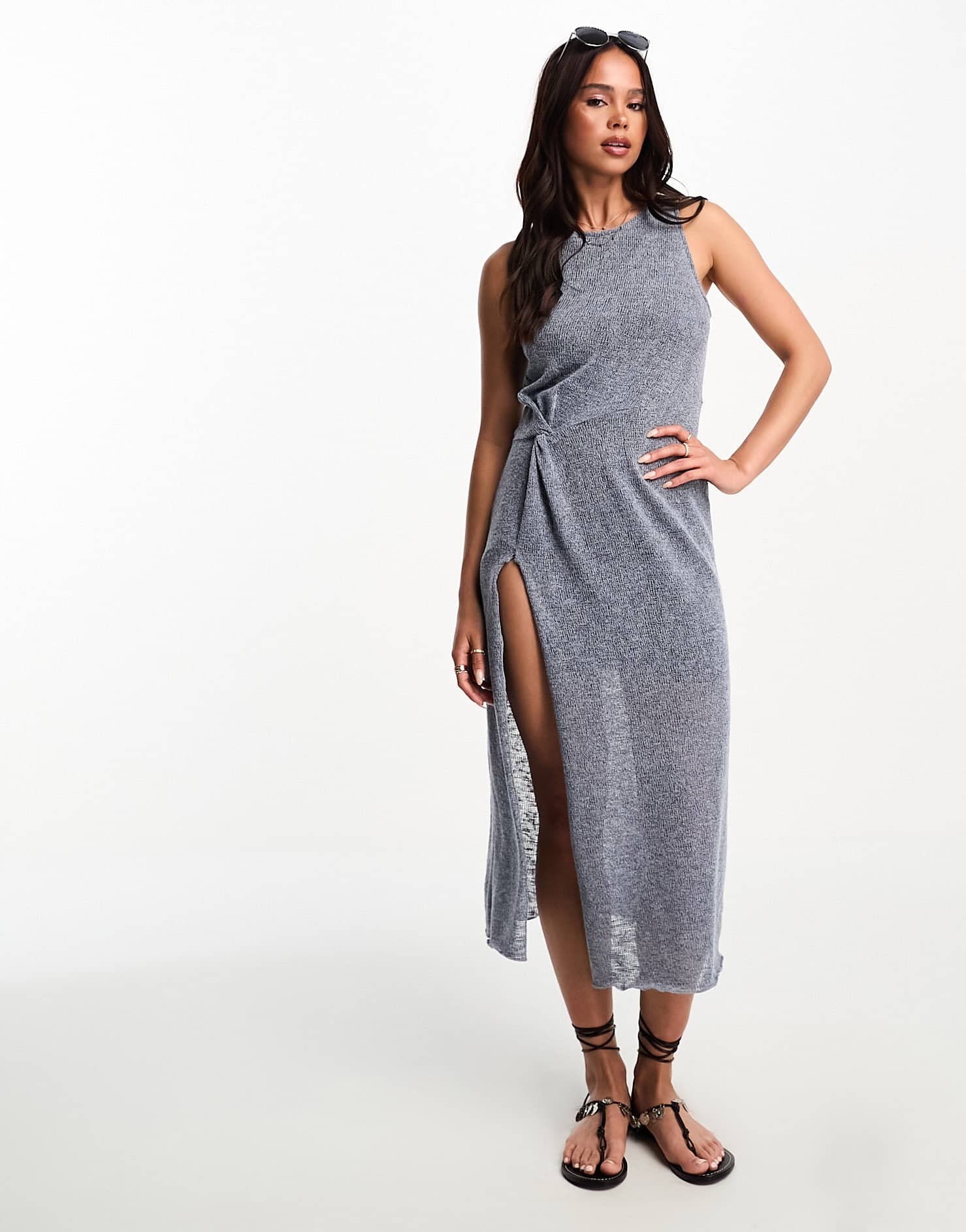 Pull&Bear sleeveless maxi dress with split detail in blue marl - ASOS Sample Sale