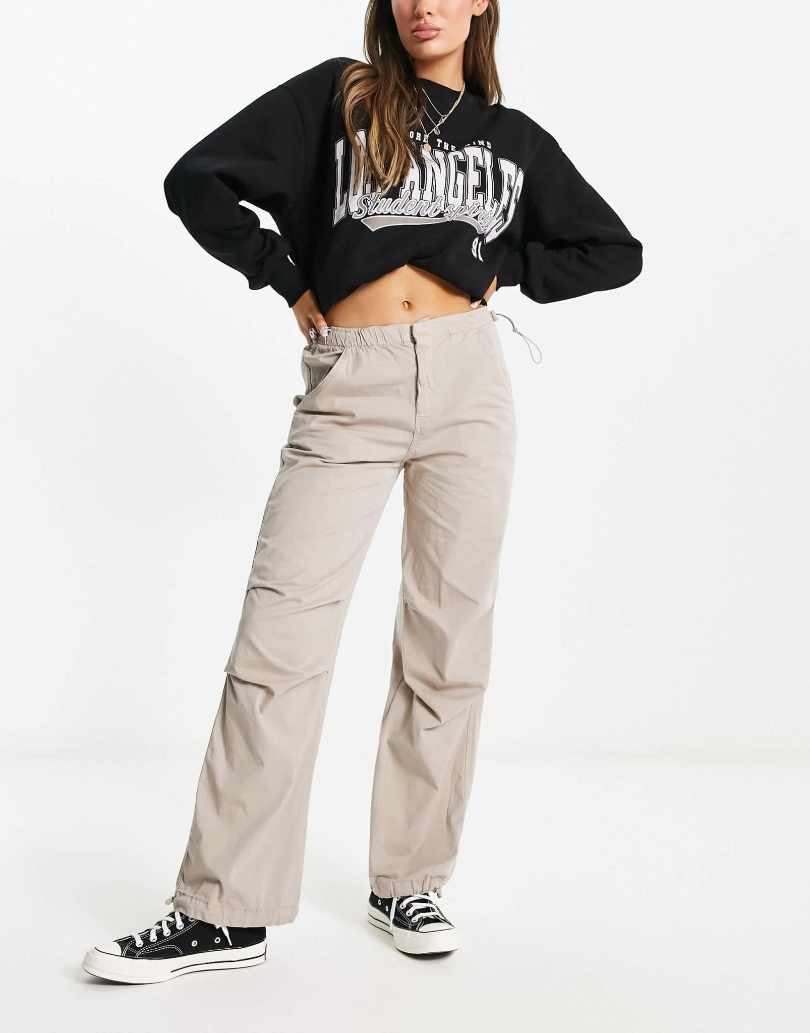 Pull&Bear slim leg parachute pants in stone - ASOS Sample Sale