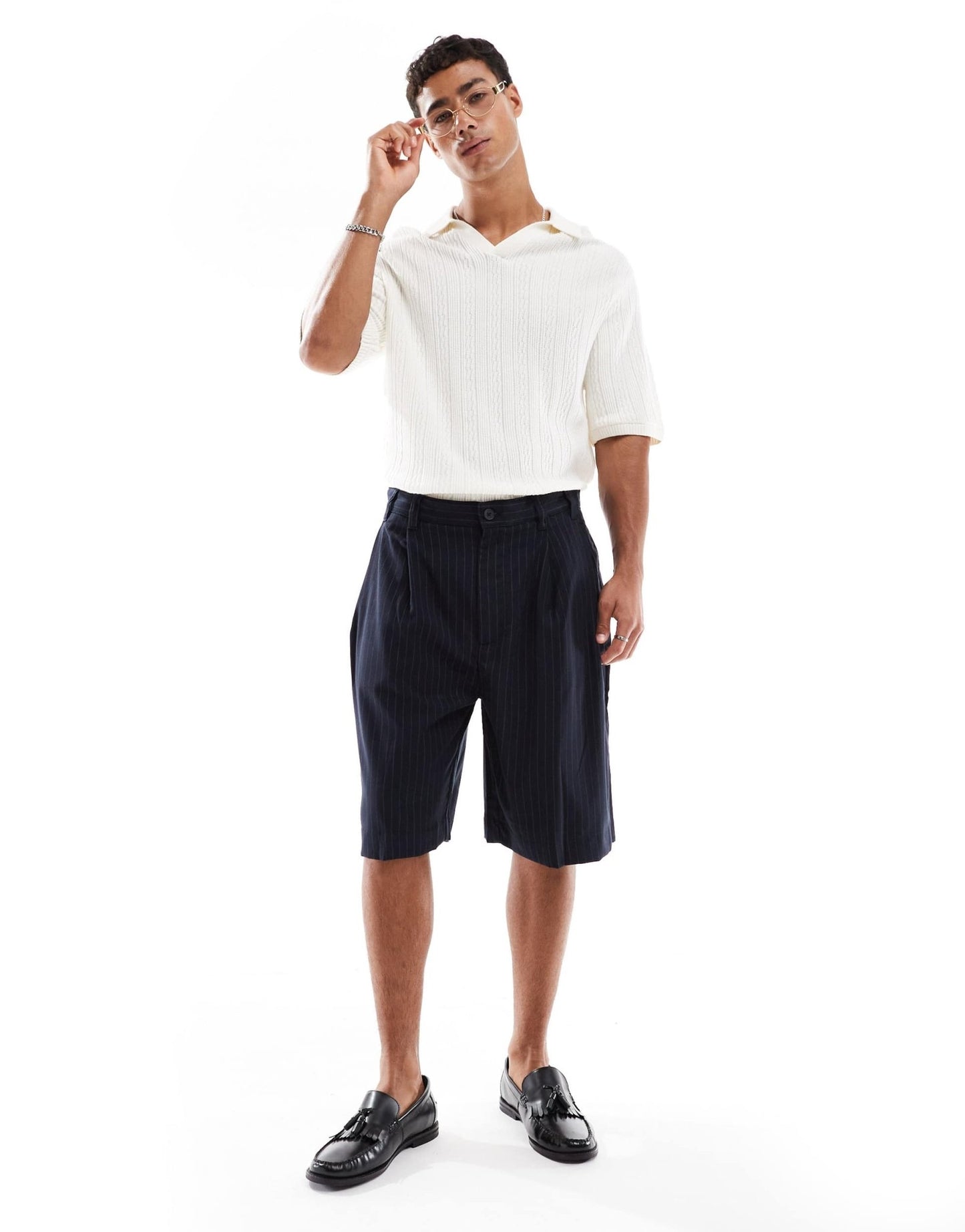 Pull&Bear smart tailored short in navy stripe - ASOS Sample Sale