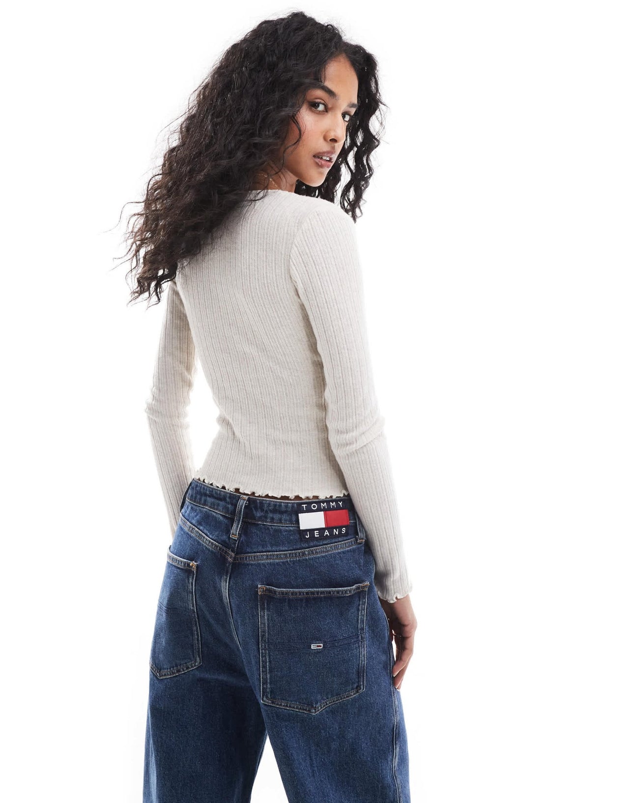 Pull&Bear soft rib long sleeve tee with rose detail in ecru - ASOS Sample Sale