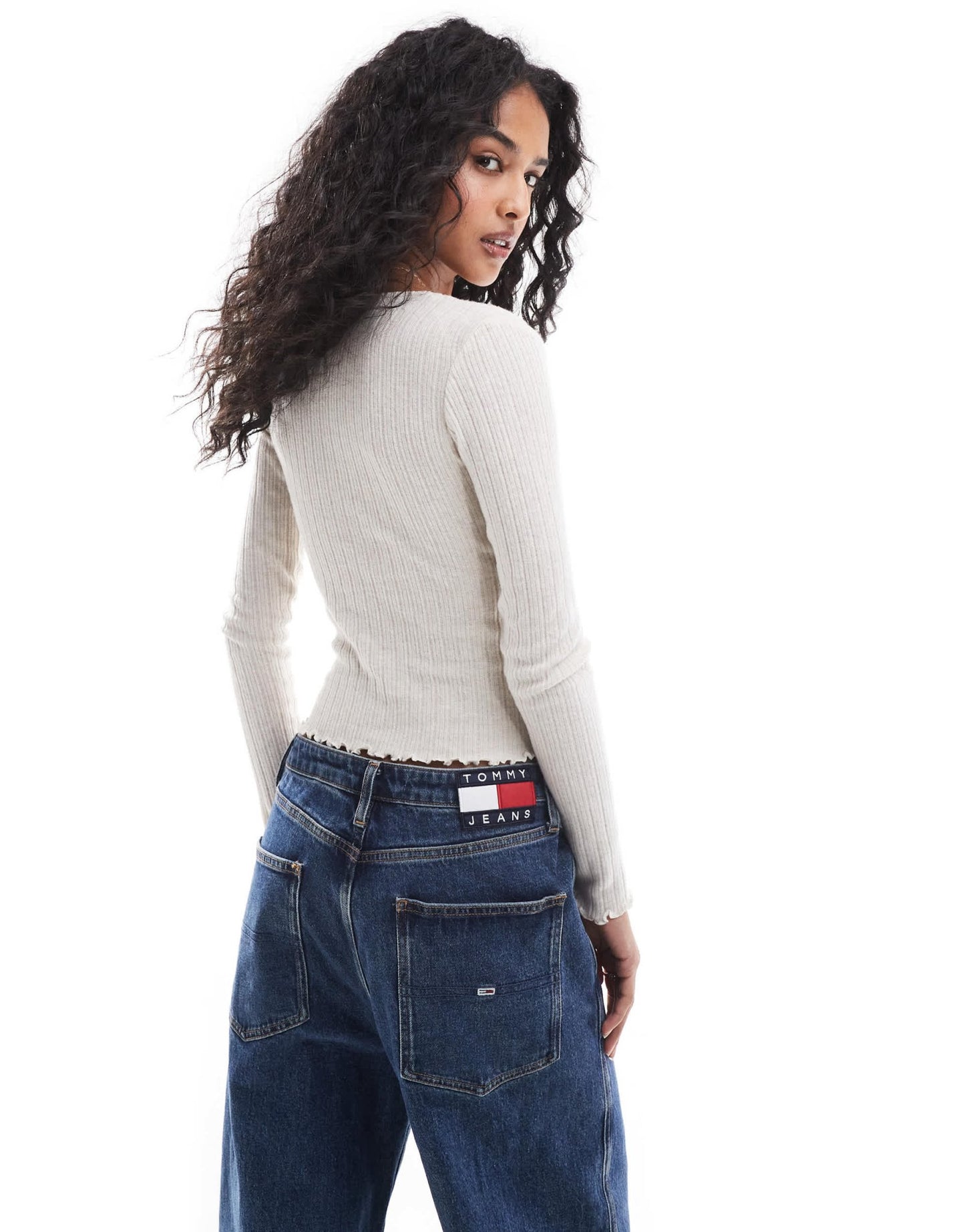 Pull&Bear soft rib long sleeve tee with rose detail in ecru - ASOS Sample Sale
