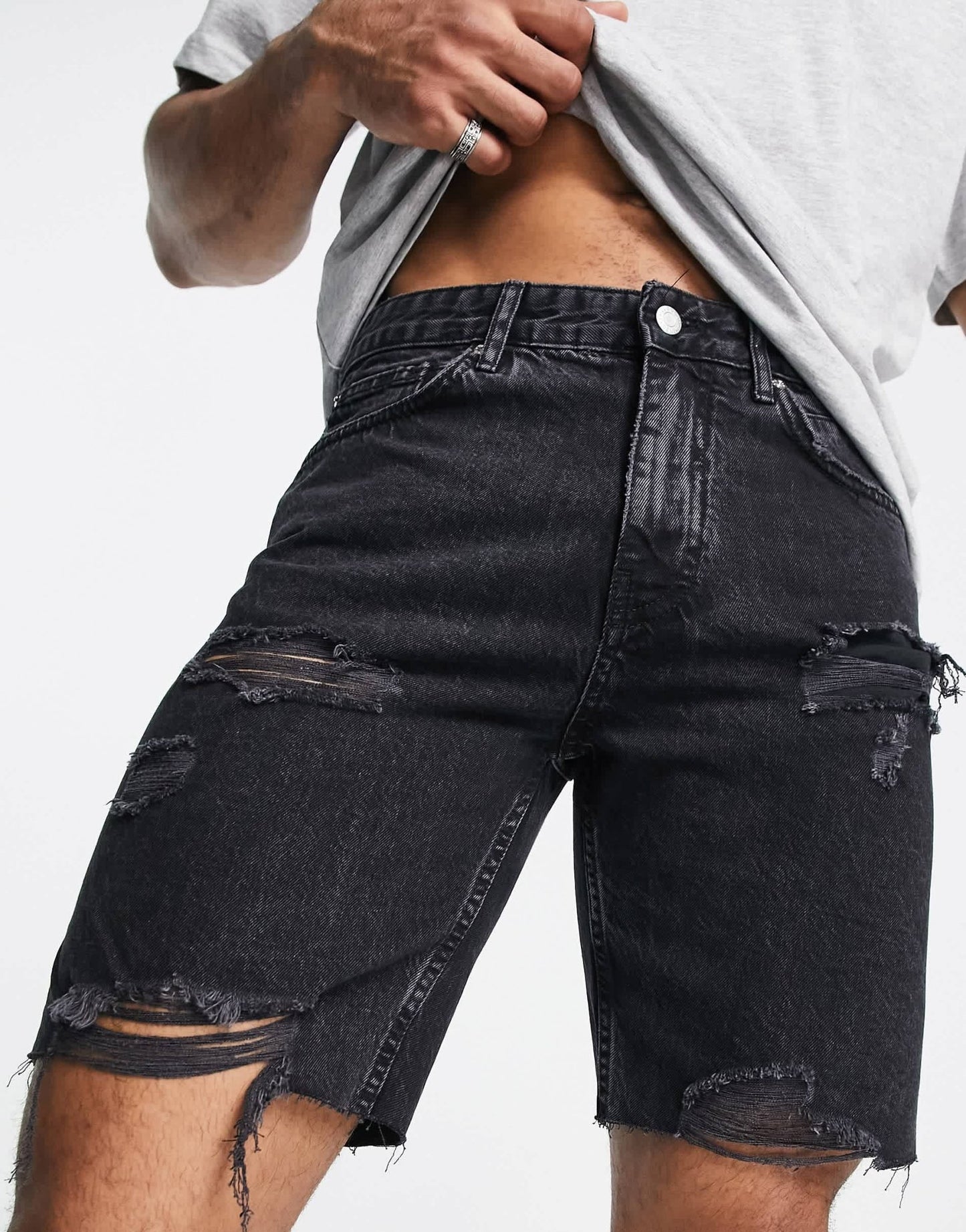 Pull&Bear straight fit denim shorts with rips in black - ASOS Sample Sale