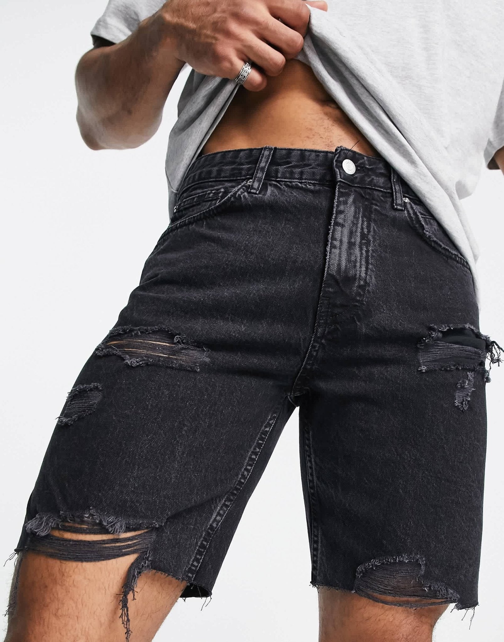 Pull&Bear straight fit denim shorts with rips in black - ASOS Sample Sale