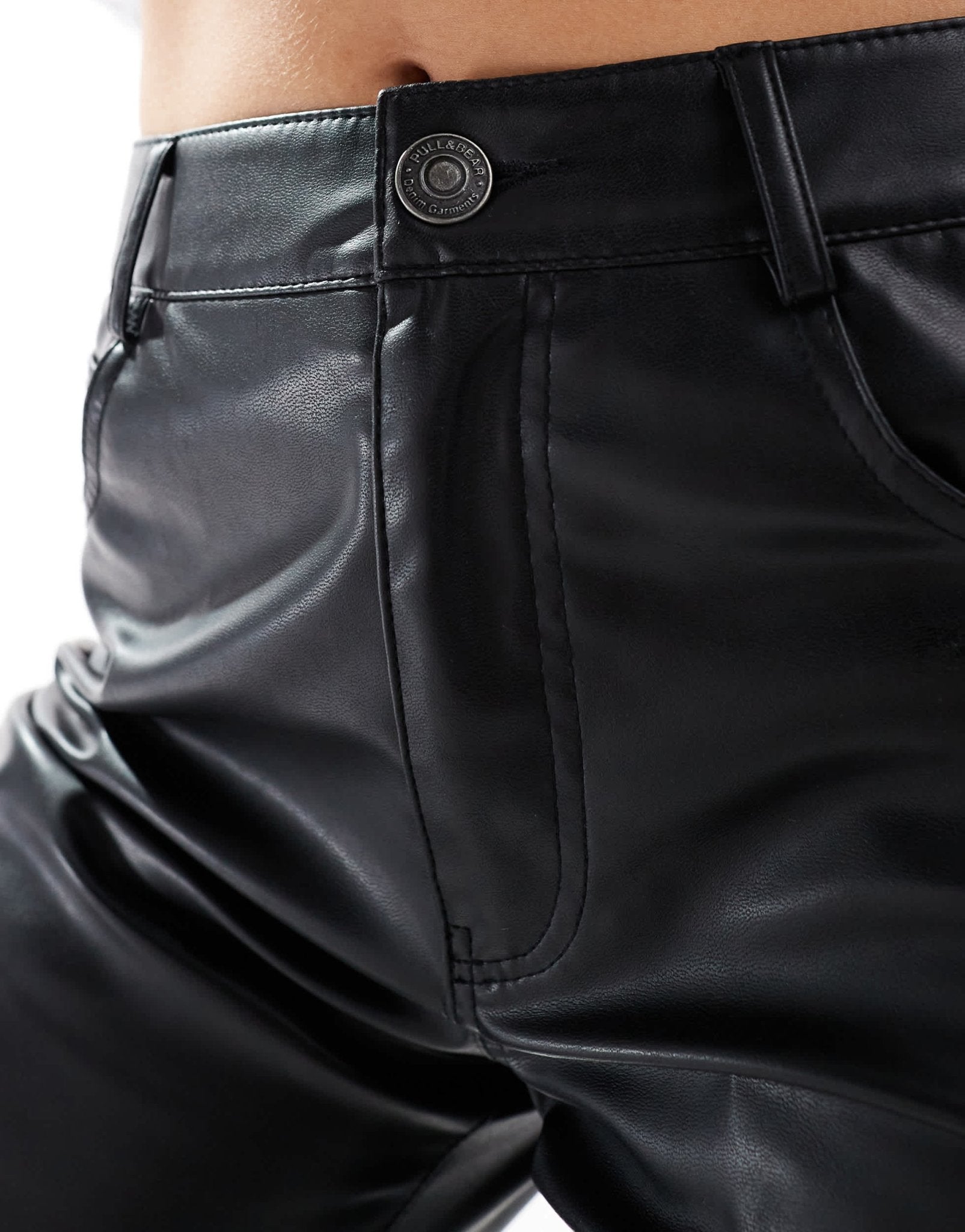 Pull&Bear straight leg faux leather trouser in black - ASOS Sample Sale