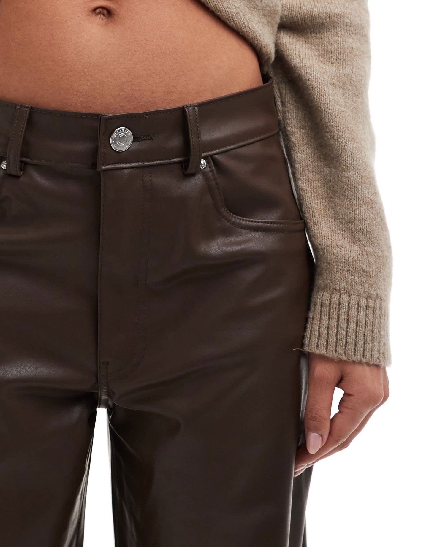 Pull&Bear straight leg faux leather trouser in brown - ASOS Sample Sale