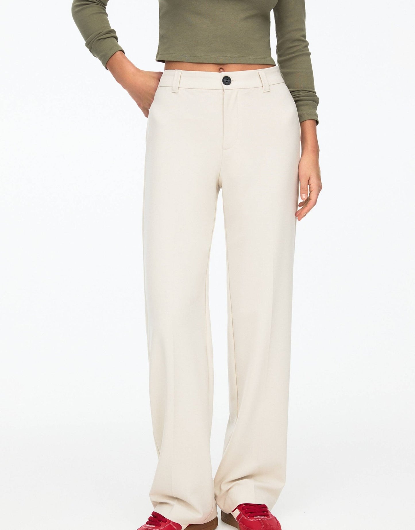 Pull&Bear straight leg tailored trouser in ecru - ASOS Sample Sale