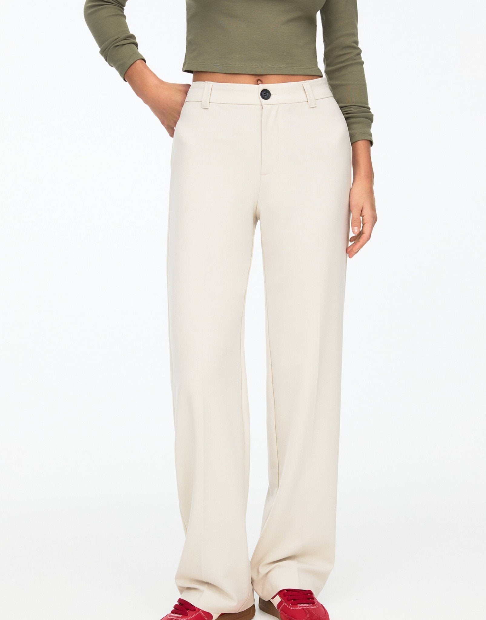 Pull&Bear straight leg tailored trouser in ecru - ASOS Sample Sale