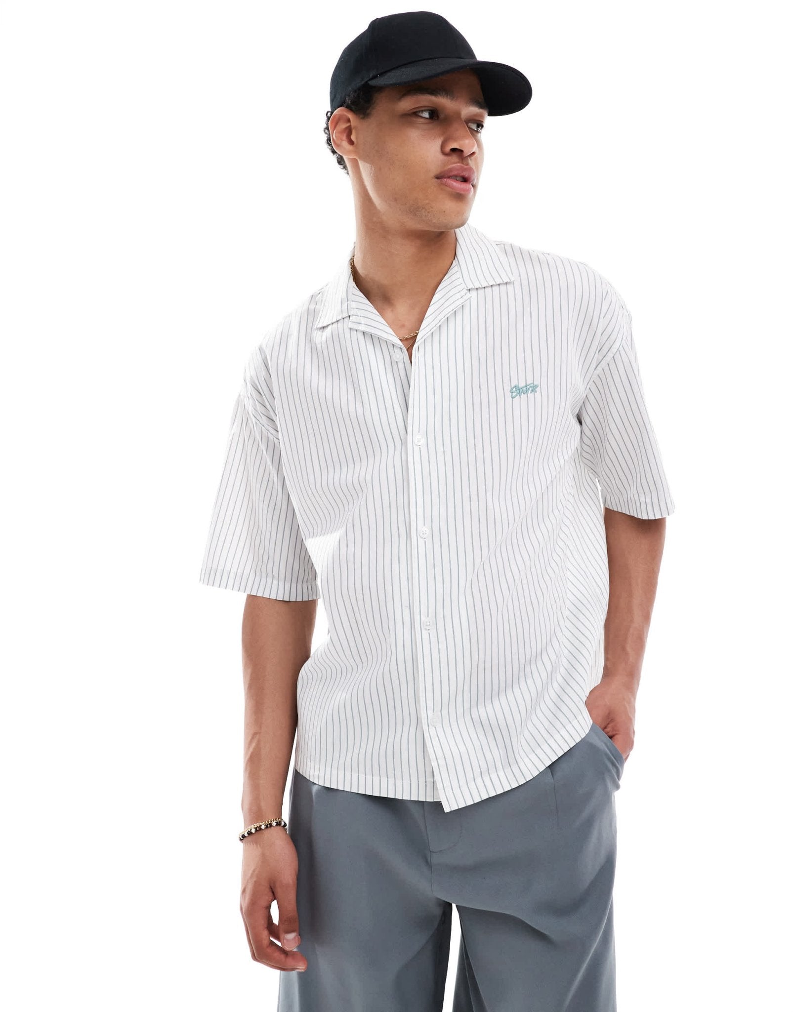 Pull&Bear striped boxy shirt in white - ASOS Sample Sale