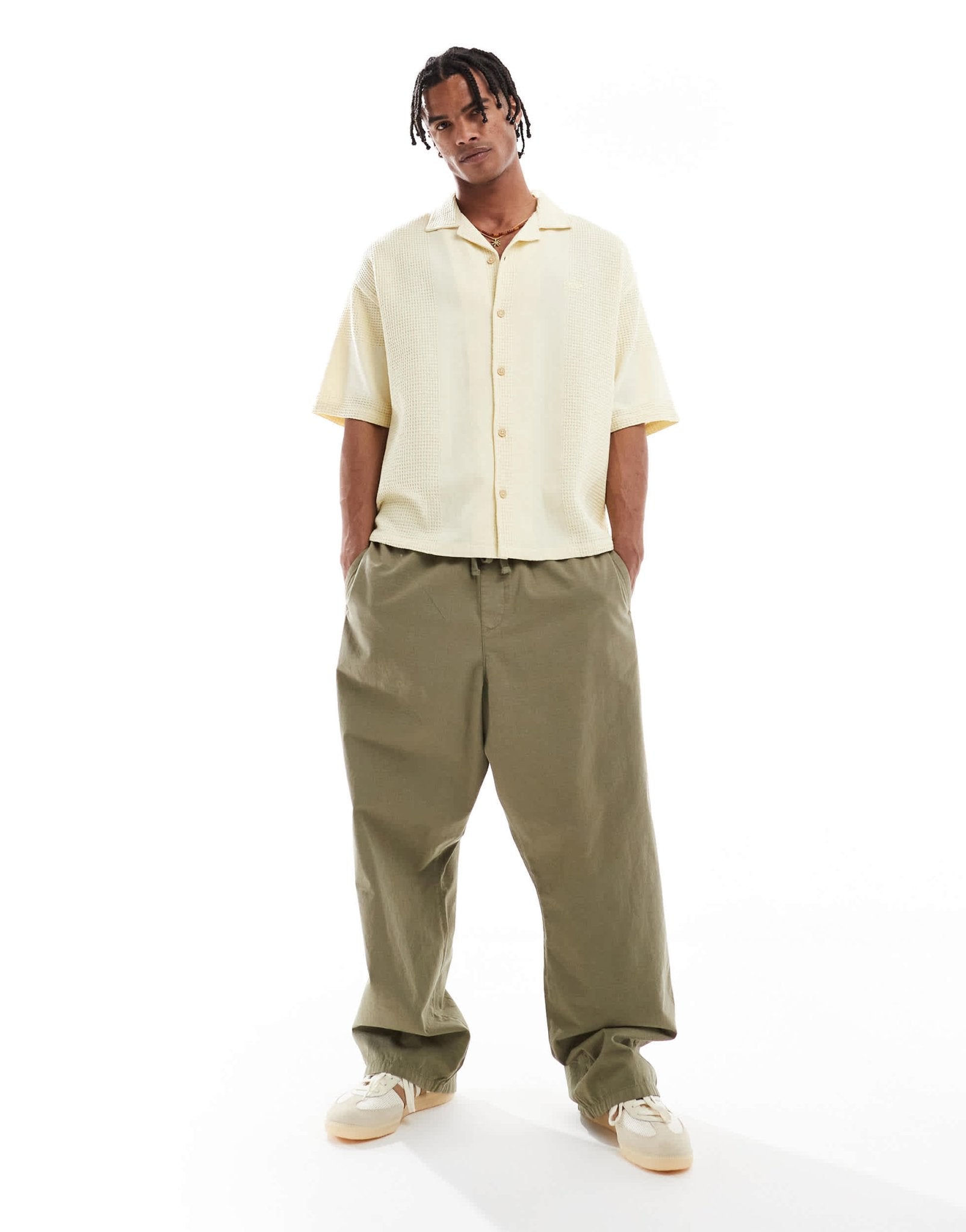 Pull&Bear STWD waffle textured short sleeve shirt in butter yellow - ASOS Sample Sale